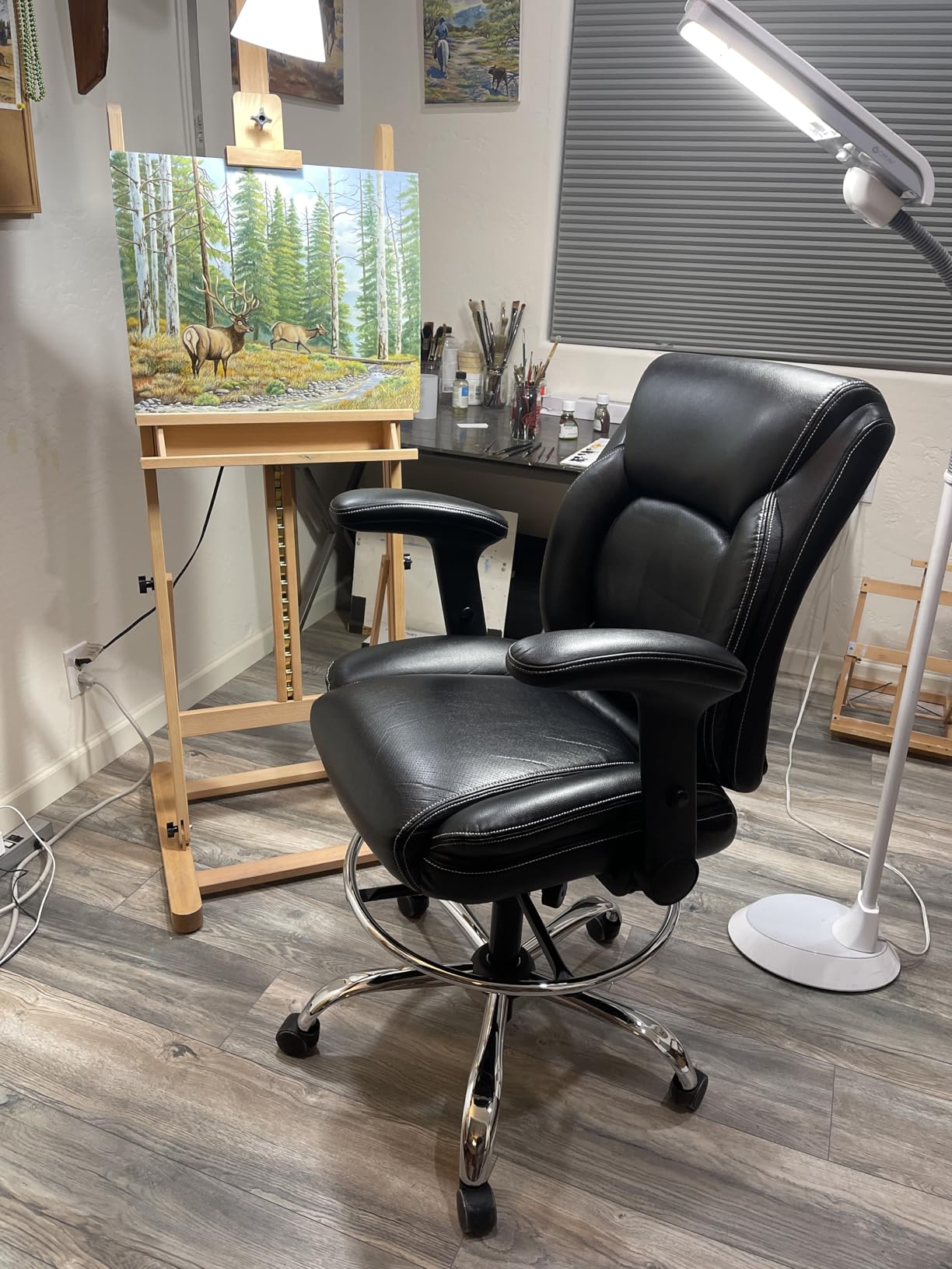 Ergonomic Mid-Back Premium Faux Leather Adjustable Drafting Chair with Multi-Function Arms and Foot Ring, Standing-Desk Matched Tall Swivel Computer Office Stool, Black - Customer Photo 2