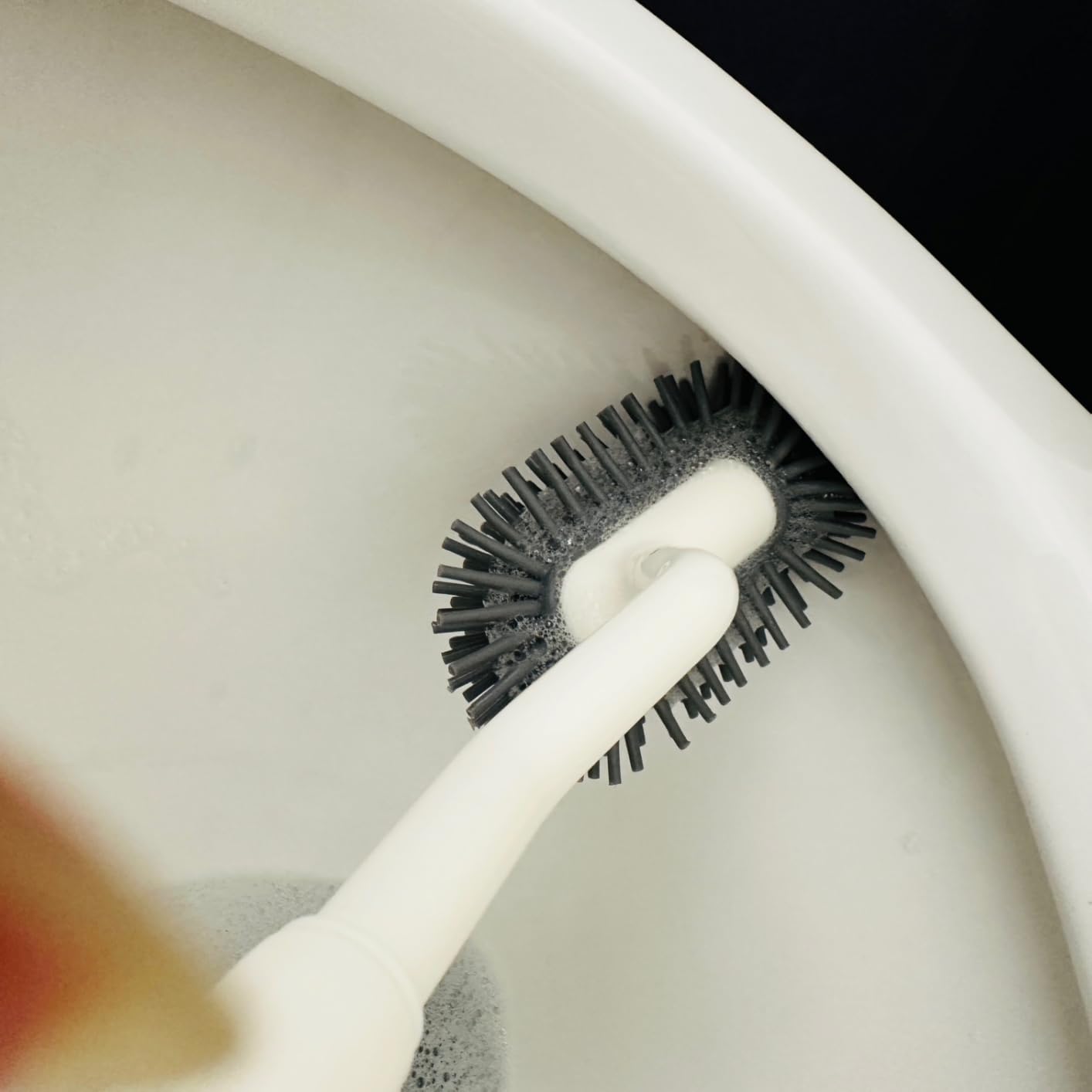 HAMITOR Toilet Bowl Brush Holder Set: Deep Cleaning Silicone Toilet Cleaner Scrubber Under Rim with Curved Bristle for Bathroom Dead Corner Clean - Modern Rv Toilet Decorative Accessories - White - Customer Photo 1