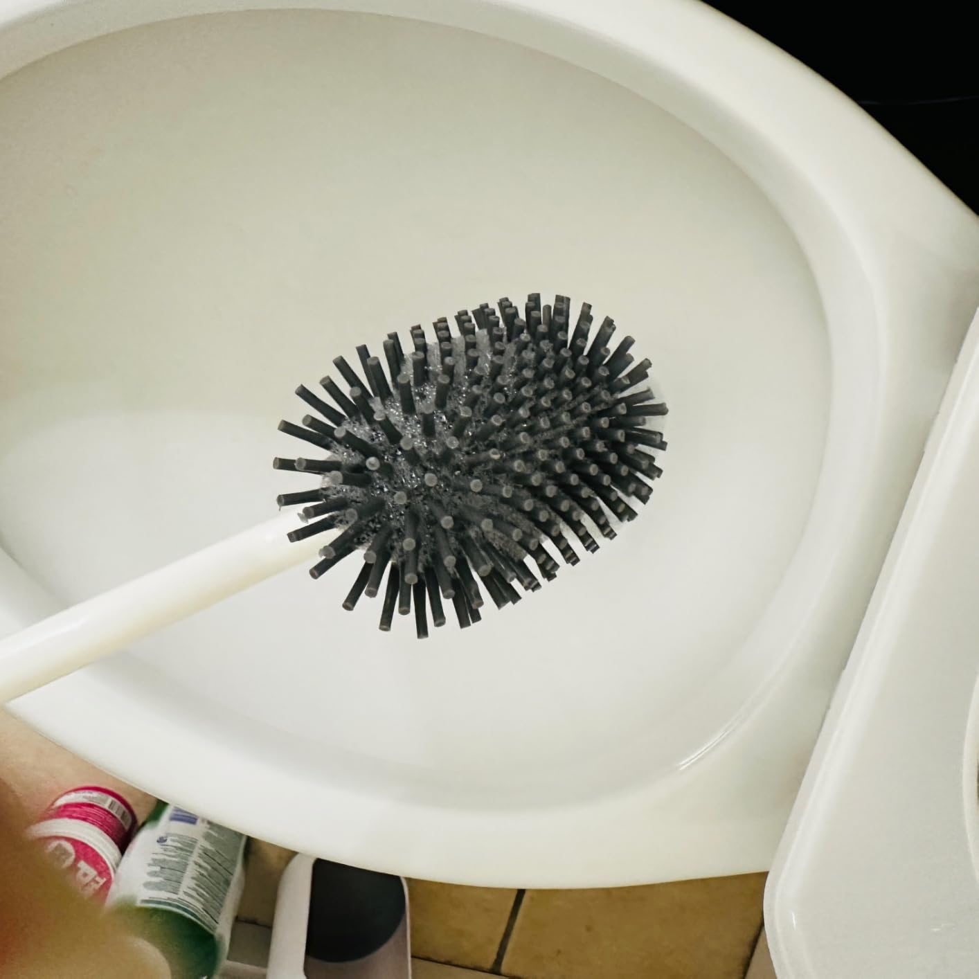 HAMITOR Toilet Bowl Brush Holder Set: Deep Cleaning Silicone Toilet Cleaner Scrubber Under Rim with Curved Bristle for Bathroom Dead Corner Clean - Modern Rv Toilet Decorative Accessories - White - Customer Photo 2