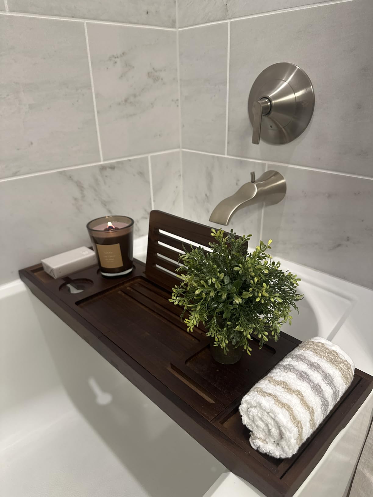 Teak Bathtub Tray - Luxury Bath Tray with Expandable Handles, Wine Glass and Phone Holders, Book Stand - Perfect for Home Spa Relaxation and Reading - Natural Bath Accessories - Light Walnut Color - Customer Photo 2