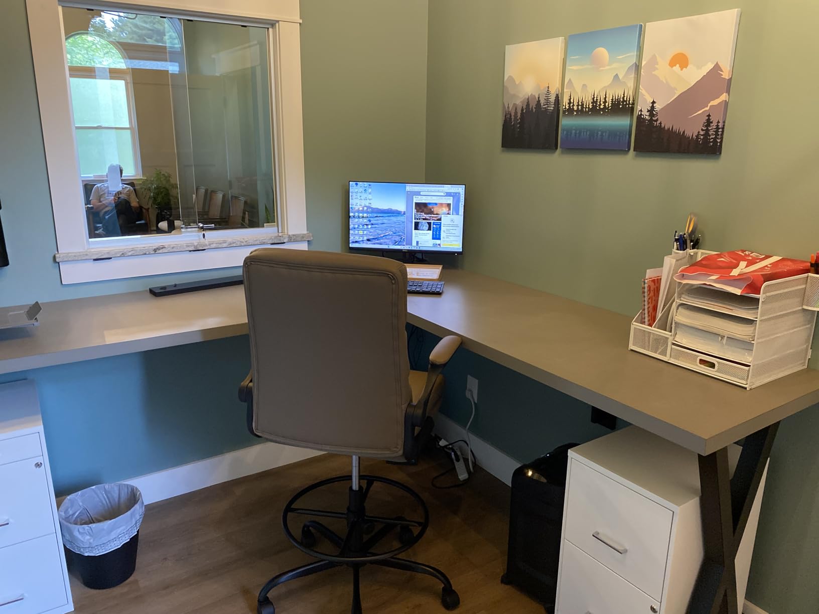 Drafting Chair Tall Office Chair with Padded Flip-up Armrests Executive Ergonomic Computer Standing Desk Chair with Comfortable Leather Backrest and Adjustable Footrest Ring (Gray) - Customer Photo 1