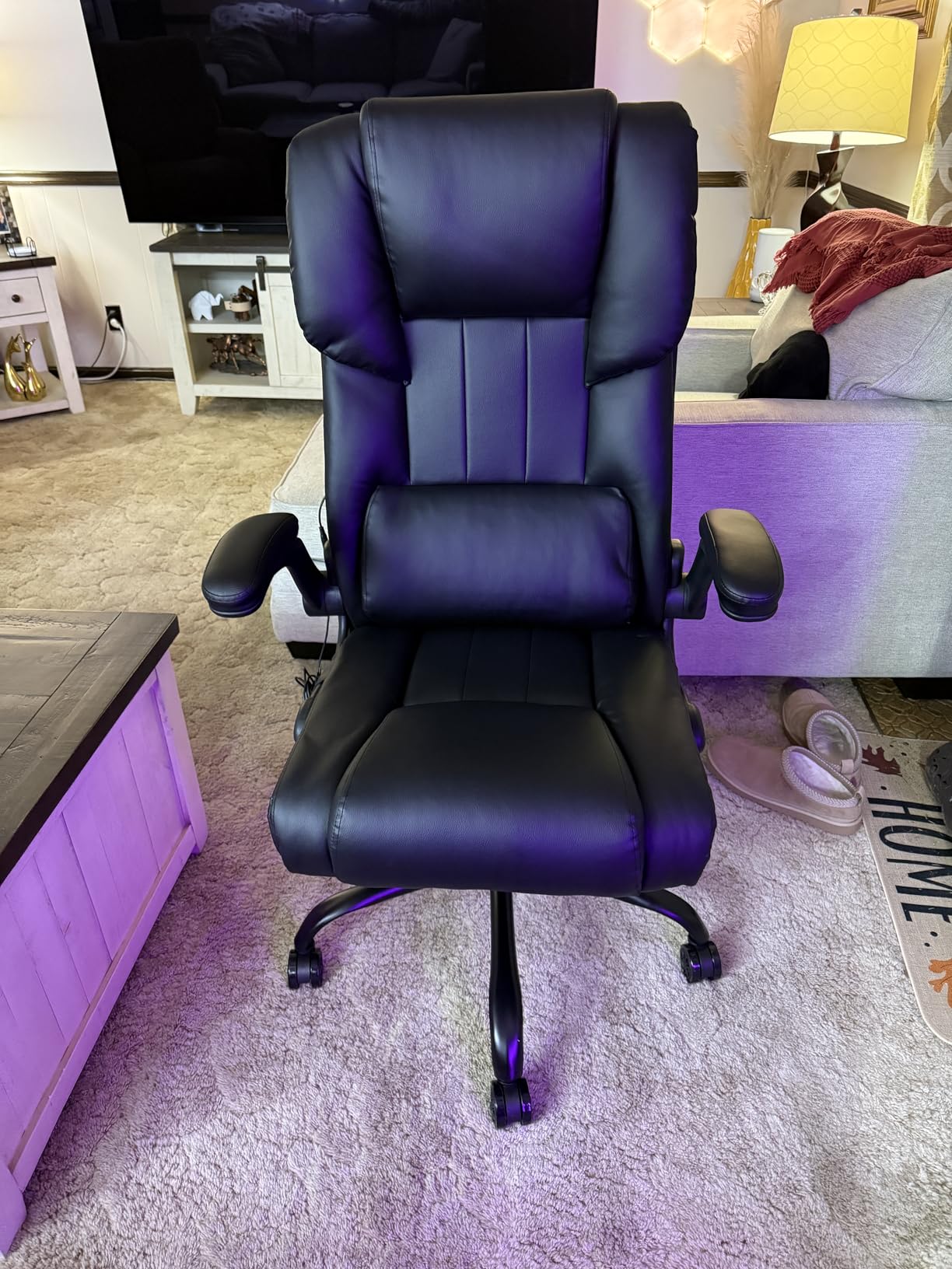 HOFFREE Executive Office Chair with Massage and Heat Big and Tall Computer Chairs with Flip-up Armrests High Back PU Leather Chair with Lumbar Support Swivel PC Chair with Rocking Function Black - Customer Photo 2