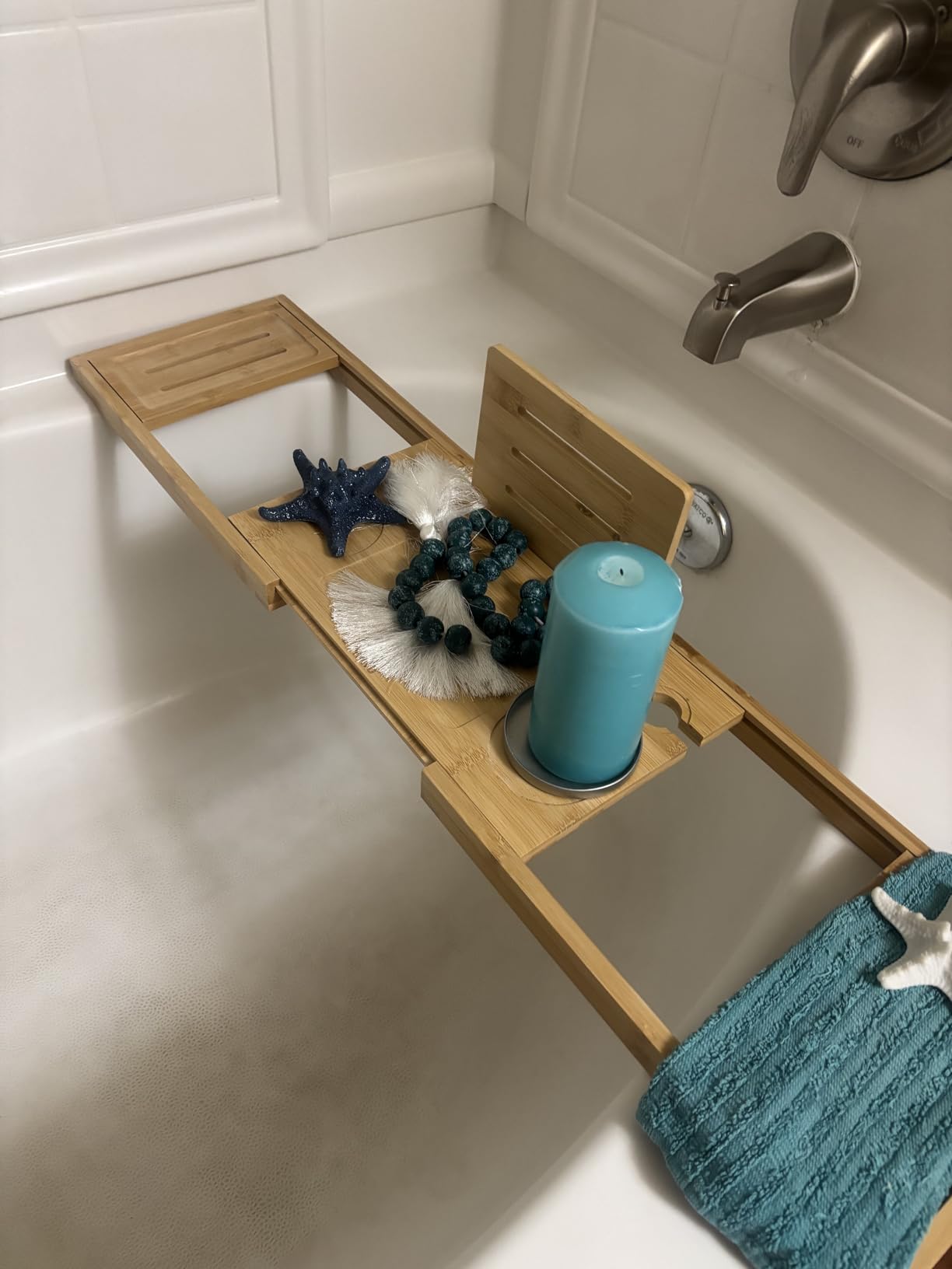 Premium Teak Bathtub Tray Caddy, Expandable Wooden Bath Tray for Bathub, Luxury Bathtub & Bathroom Accessories, Great House Warming, Anniversary & Wedding and Birthday Gifts - Customer Photo 1
