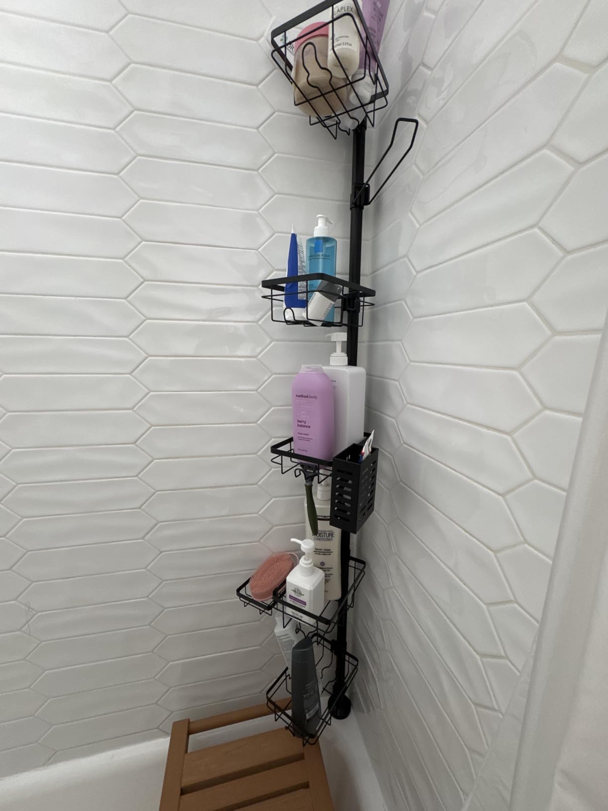 Shower Caddy Organizer Tension Pole, Rustproof 6-Pack Corner Shelf with 30-120 Inch Adjustable Shower Rack for Inside Shower, Extra Towel Bar & Soap Dish for Bathroom Organizers and Storage, Black - Customer Photo 1