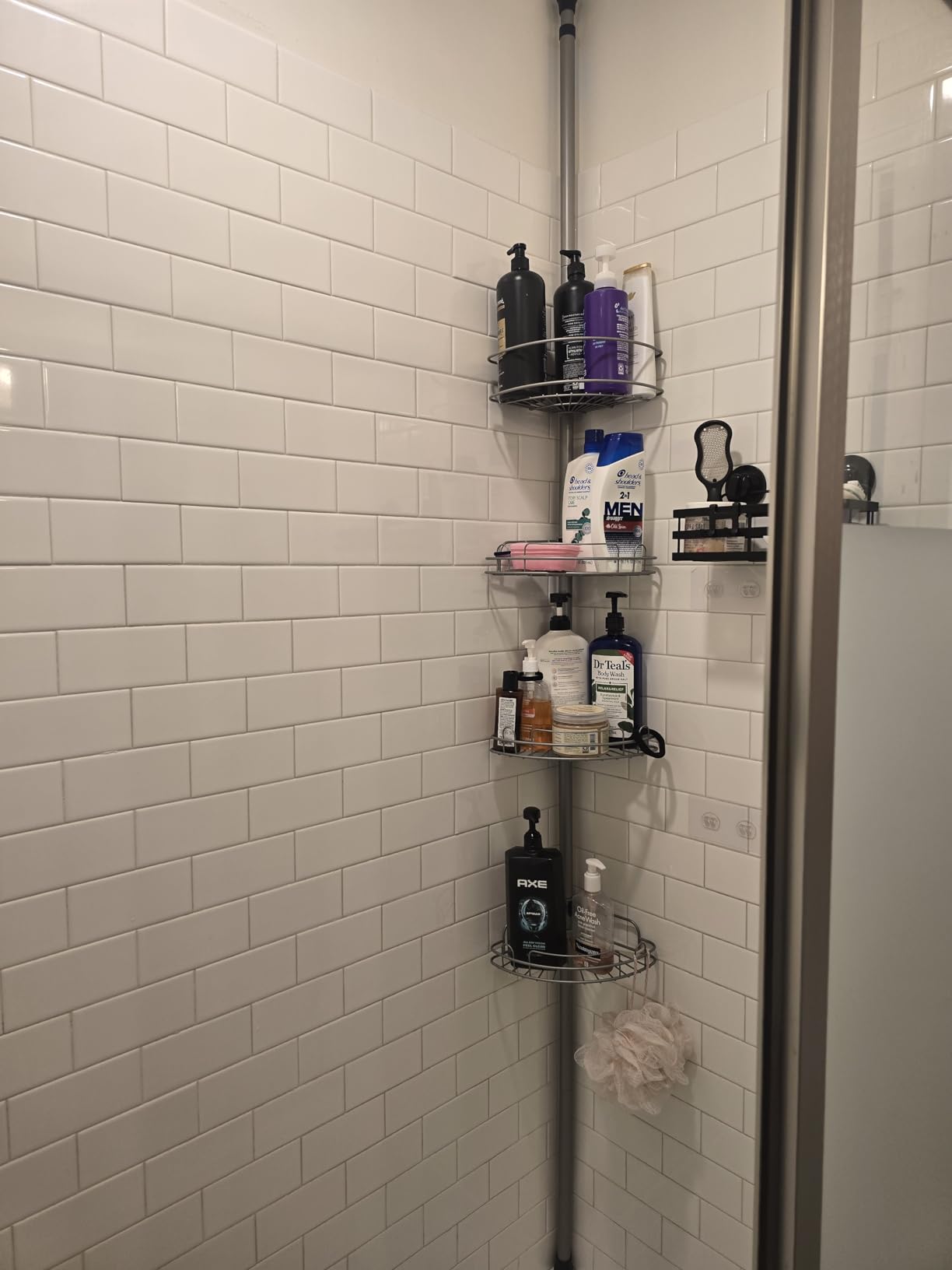 HAMITOR Corner Shower Caddy Tension Pole: 4-Tier Rust-Resistant Adjustable Bathroom Organizer Shelves - 47-121 Inch No-Drill Quick Installation - Space-Saving Storage for Renters Family - Silver Gray - Customer Photo 1