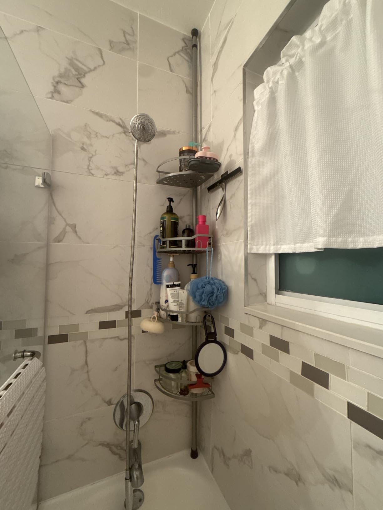 HAMITOR Shower Caddy Tension Pole: Rustproof Quick Install Corner Bathroom Organizer Shelf on Floor for Renters - 4-Tier Large Capacity Storage Rack with Soap Holder for Apartment -47-121 Inch/Black - Customer Photo 1