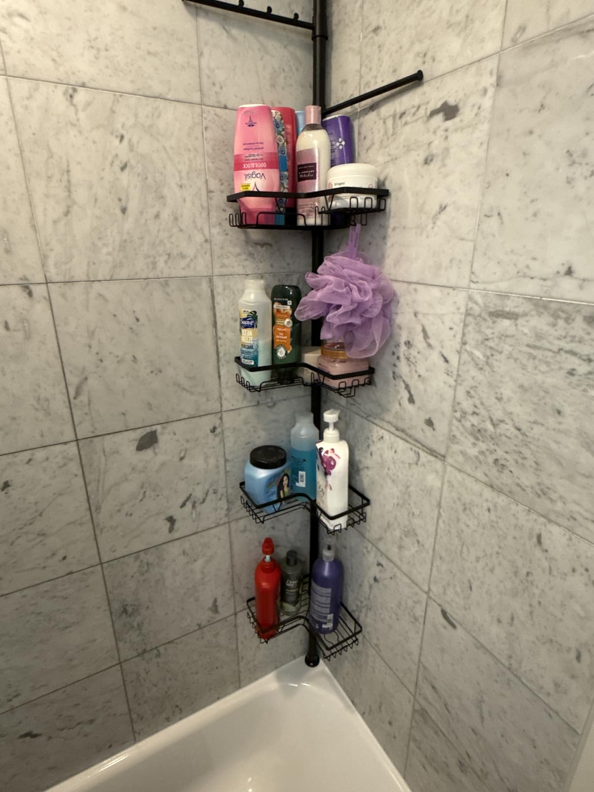 KEGII Black Shower Caddy Tension Pole with 2 Towel Bars, Adjustable Corner Bathroom Organizer, Rustproof Bathtub Storage Shelves for Shampoo, 25–114.2 Inch Shower Corner Rack for Renters & Family - Customer Photo 2
