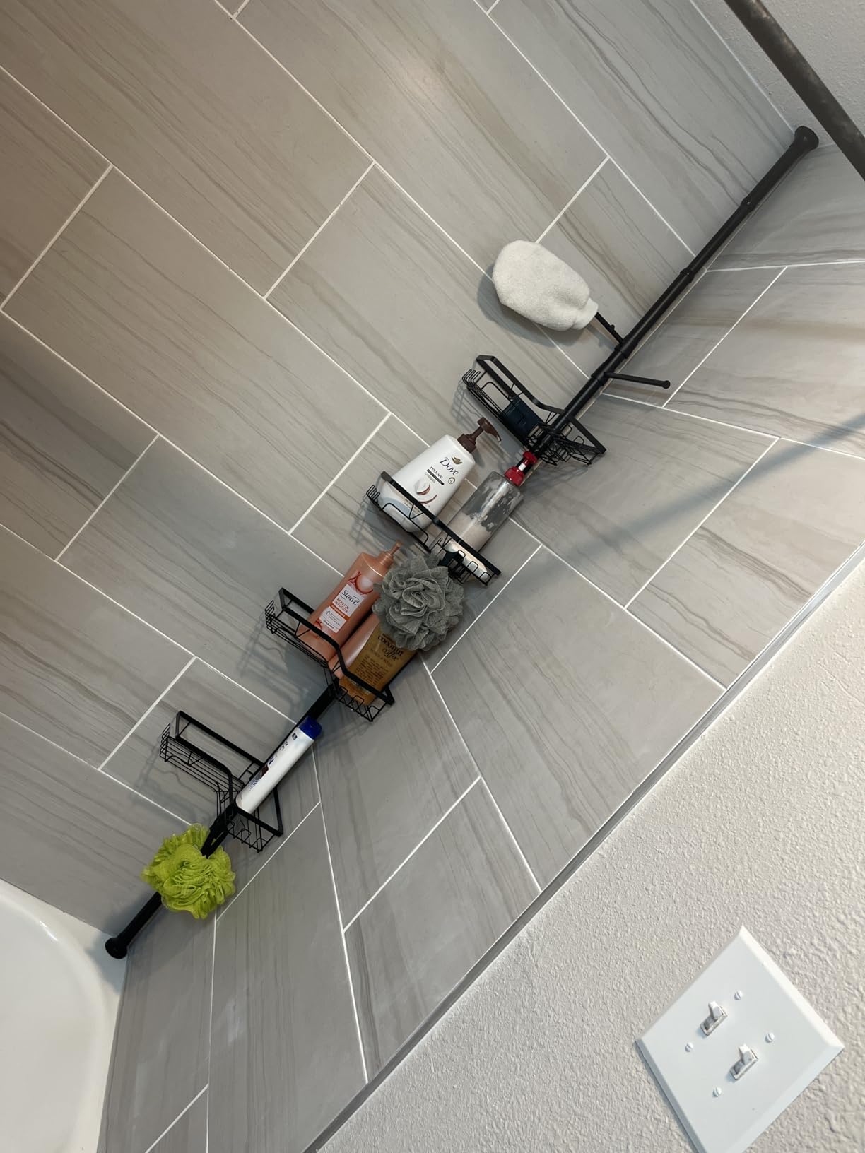 KEGII Black Shower Caddy Tension Pole with 2 Towel Bars, Adjustable Corner Bathroom Organizer, Rustproof Bathtub Storage Shelves for Shampoo, 25–114.2 Inch Shower Corner Rack for Renters & Family - Customer Photo 4