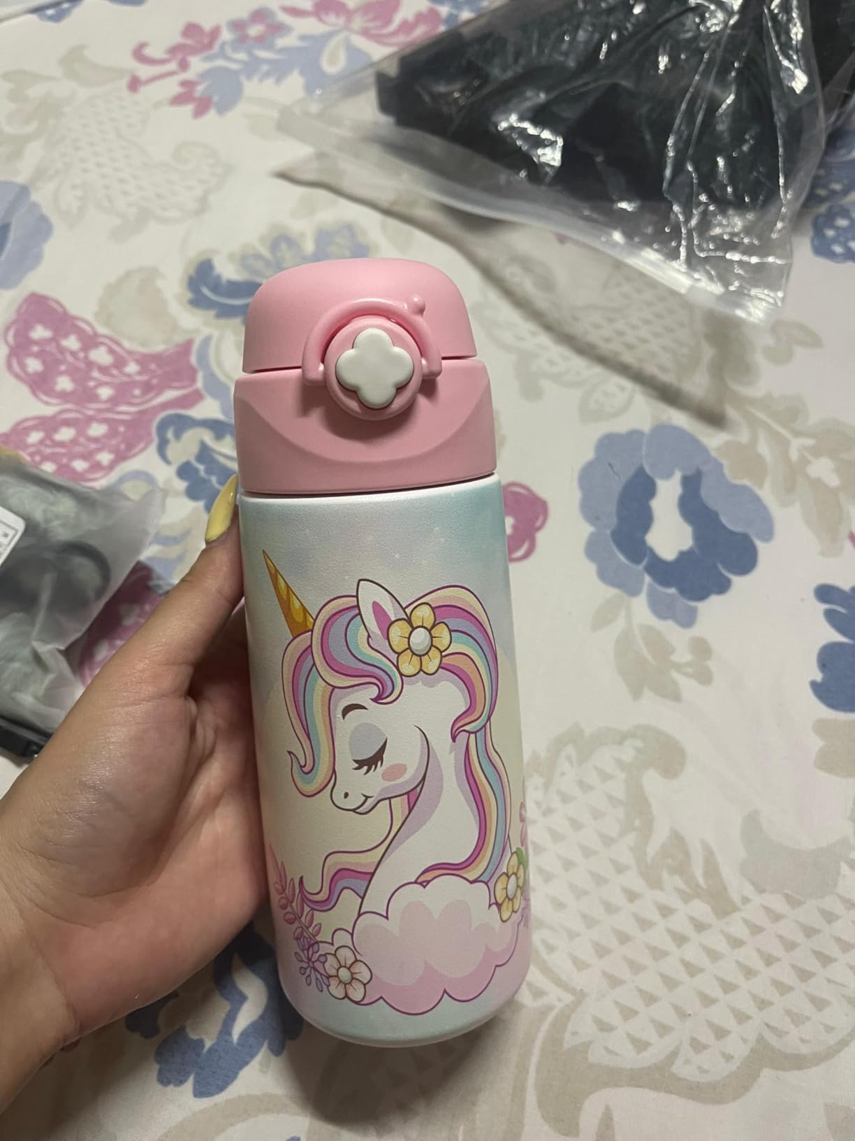 Girls Insulated Water Bottle with Covered Pop-Up Straw,16 oz Kids Cups with Stainless Steel Leak Proof for School Pink（Unicorn） - Customer Photo 1