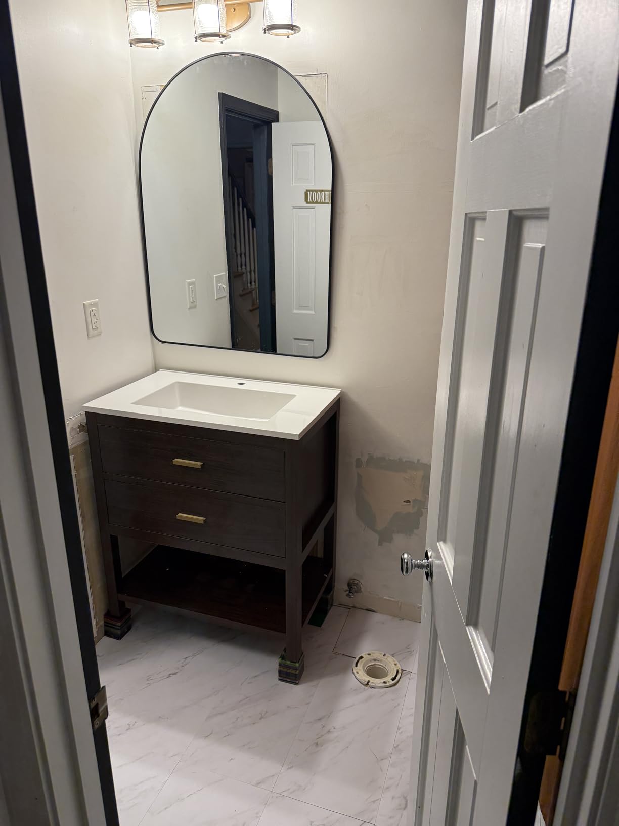 36 Inch Bathroom Vanity with Sink, Farmhouse Storage Cabinet with Drawers & Open Storage Shelf, Assembly Required, Adjustable Feet, Walnut Customer Review 36 Inch Bathroom Vanity with Sink, Farmhouse Storage Cabinet with Drawers & Open Storage Shelf, Assembly Required, Adjustable Feet, Walnut - Customer Photo 1