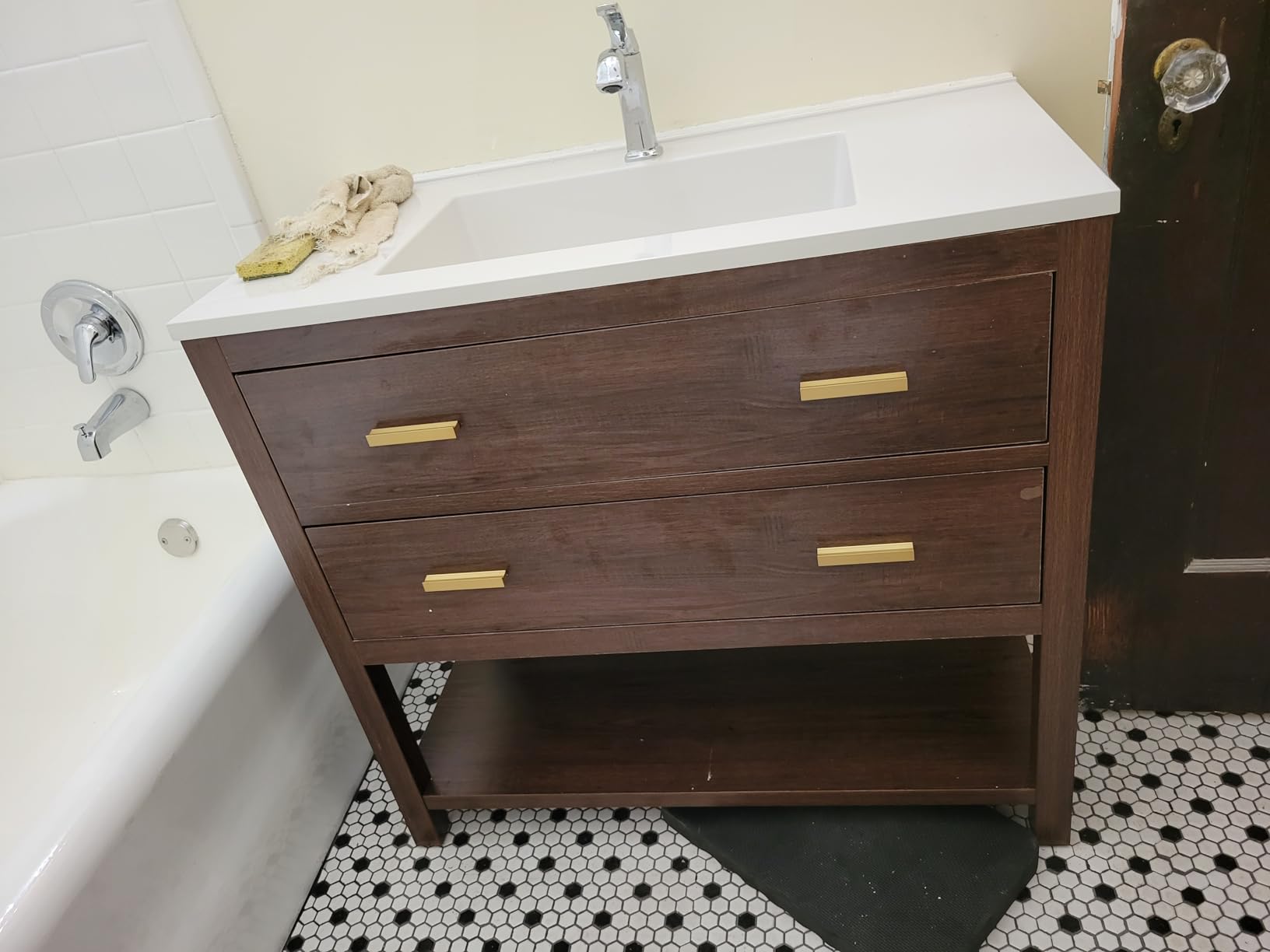 36 Inch Bathroom Vanity with Sink, Farmhouse Storage Cabinet with Drawers & Open Storage Shelf, Assembly Required, Adjustable Feet, Walnut Customer Review 36 Inch Bathroom Vanity with Sink, Farmhouse Storage Cabinet with Drawers & Open Storage Shelf, Assembly Required, Adjustable Feet, Walnut - Customer Photo 4