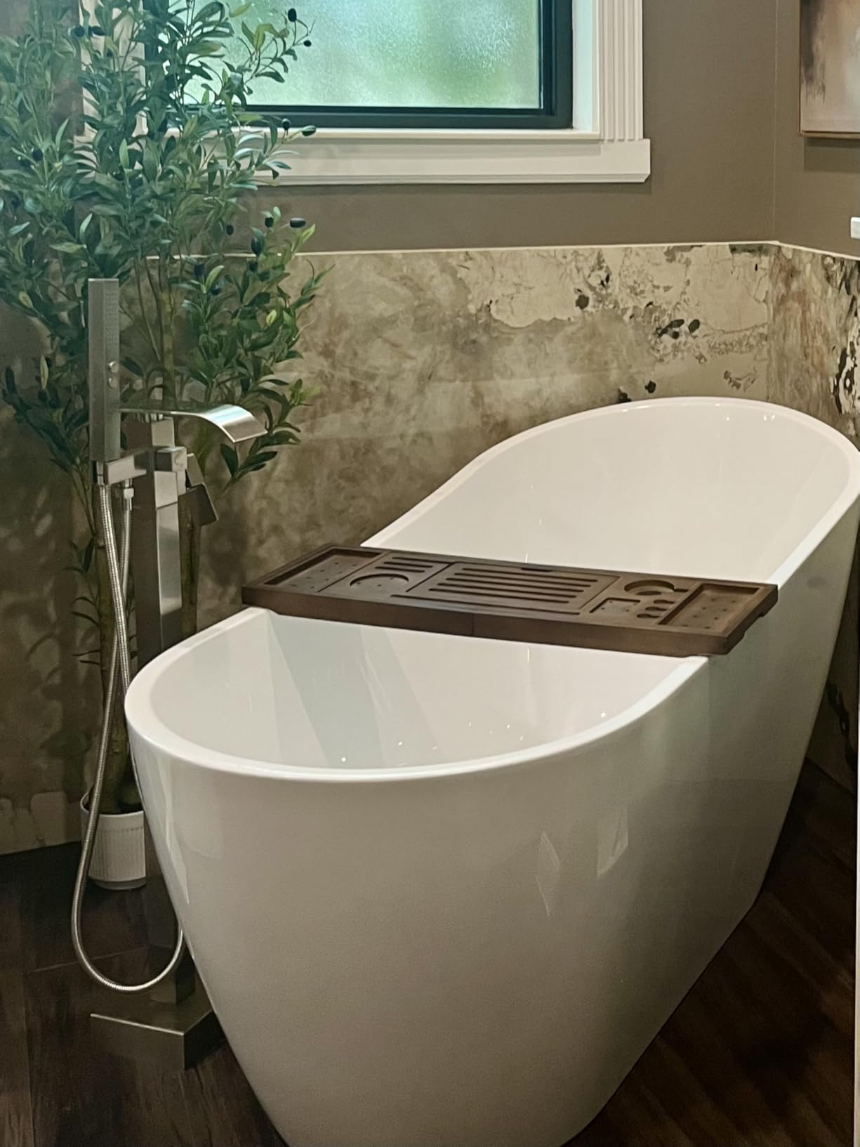 Teak Bathtub Tray | Adjustable Width Tray with Wine Holder, Tablet/Phone & Book Stand, Splash-Proof for Bath Time- Natural - Customer Photo 1