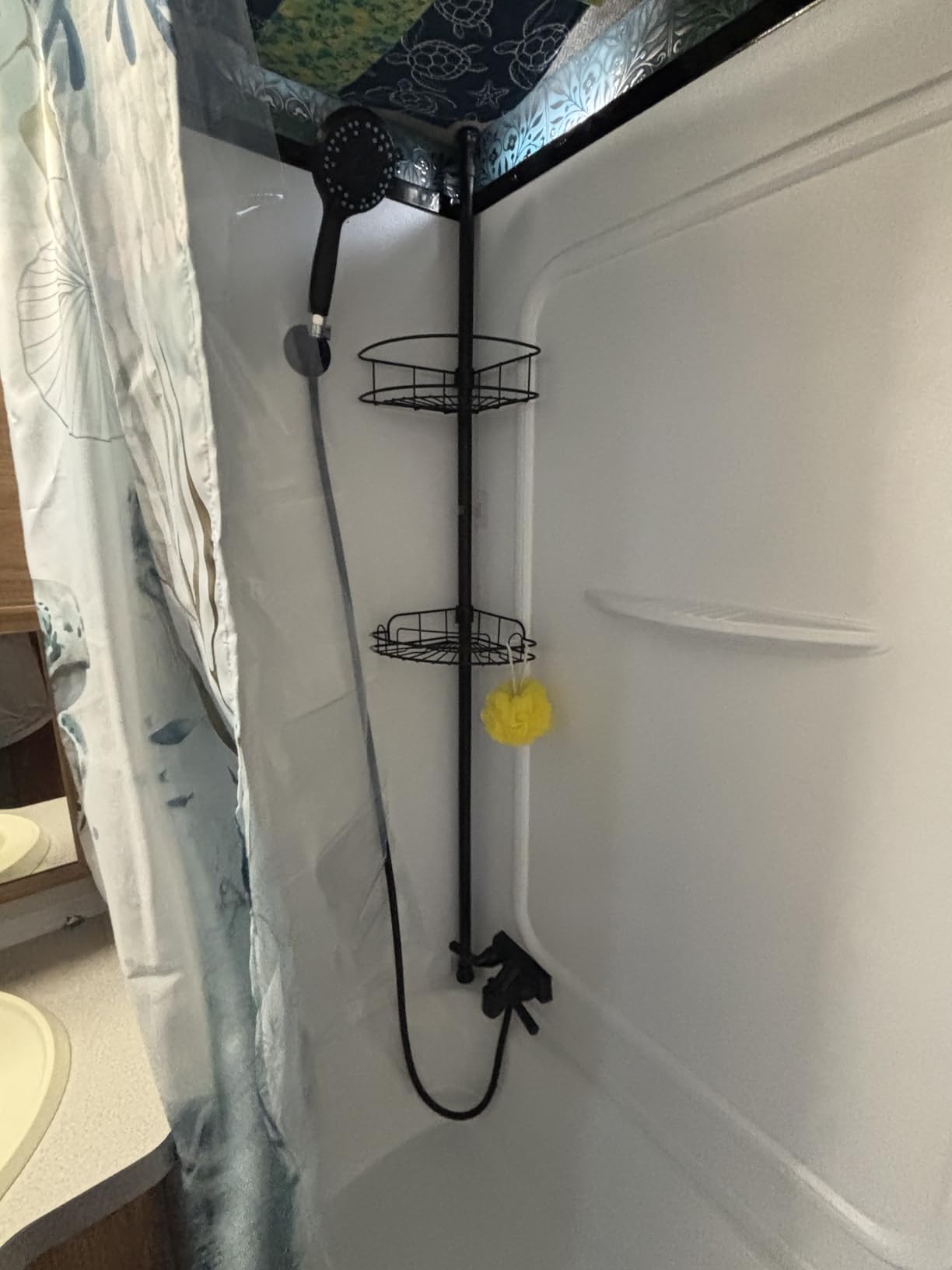 HAMITOR Shower Caddy Tension Pole: 4-Tier Rustproof Bathroom Corner Shelf Organizer for Renters - No Drill Large Shampoo Storage Rack - Adjustable 47-121 Inch - Space Saving Bathtub Accessory - Black - Customer Photo 1