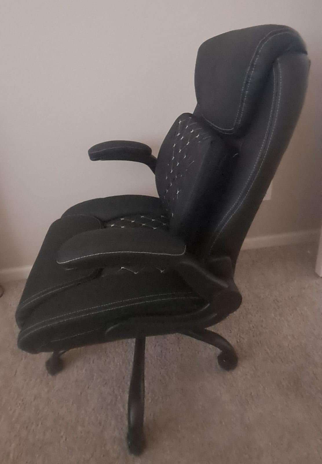 Office Chair,Ergonomic Office Chair with Lumbar Support for Lower Back Pain Relief, Executive Leather Chair with Padded Flip-up Arms, Wheels and Adjustable Armrests, Black - Customer Photo 2