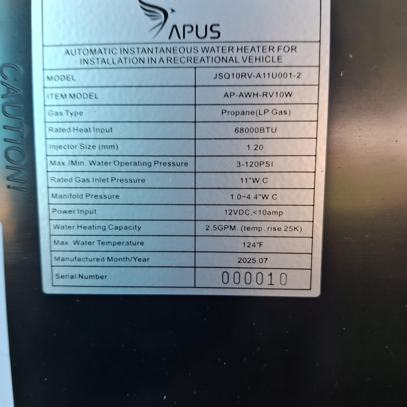 APUS RV Tankless Water Heater, 68,000 BTU Propane Gas On Demand Instant Hot Water Heater with Black Door, 12V, 3.9 GPM, High Altitude Available, Multi-function Controller, Compatible with All RVs - Customer Photo 1
