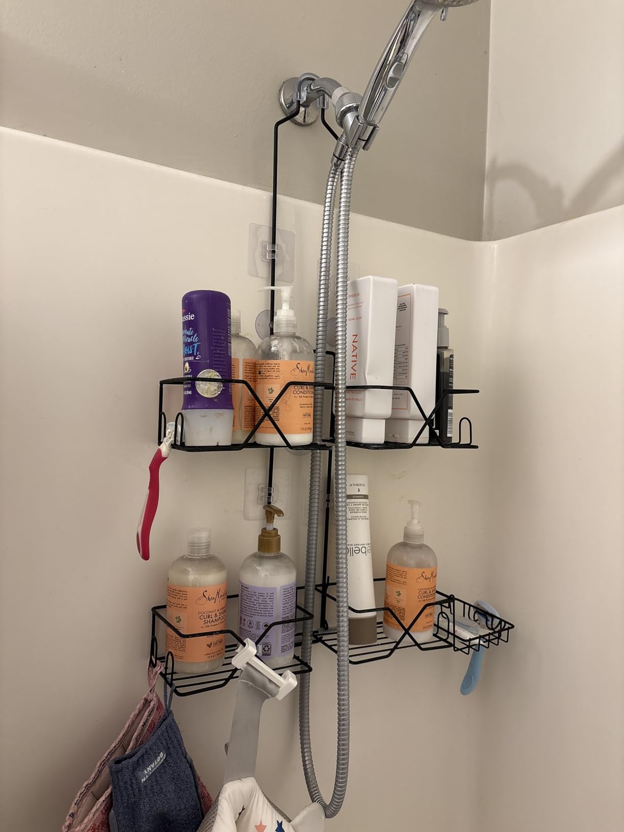Stainless Steel Shower Caddy for Handheld Shower Heads,Rustproof Hose Shower Organizer Adjustable Length Shower Rack with 24 Hooks,Razor Holder,Soap Holder - Customer Photo 1