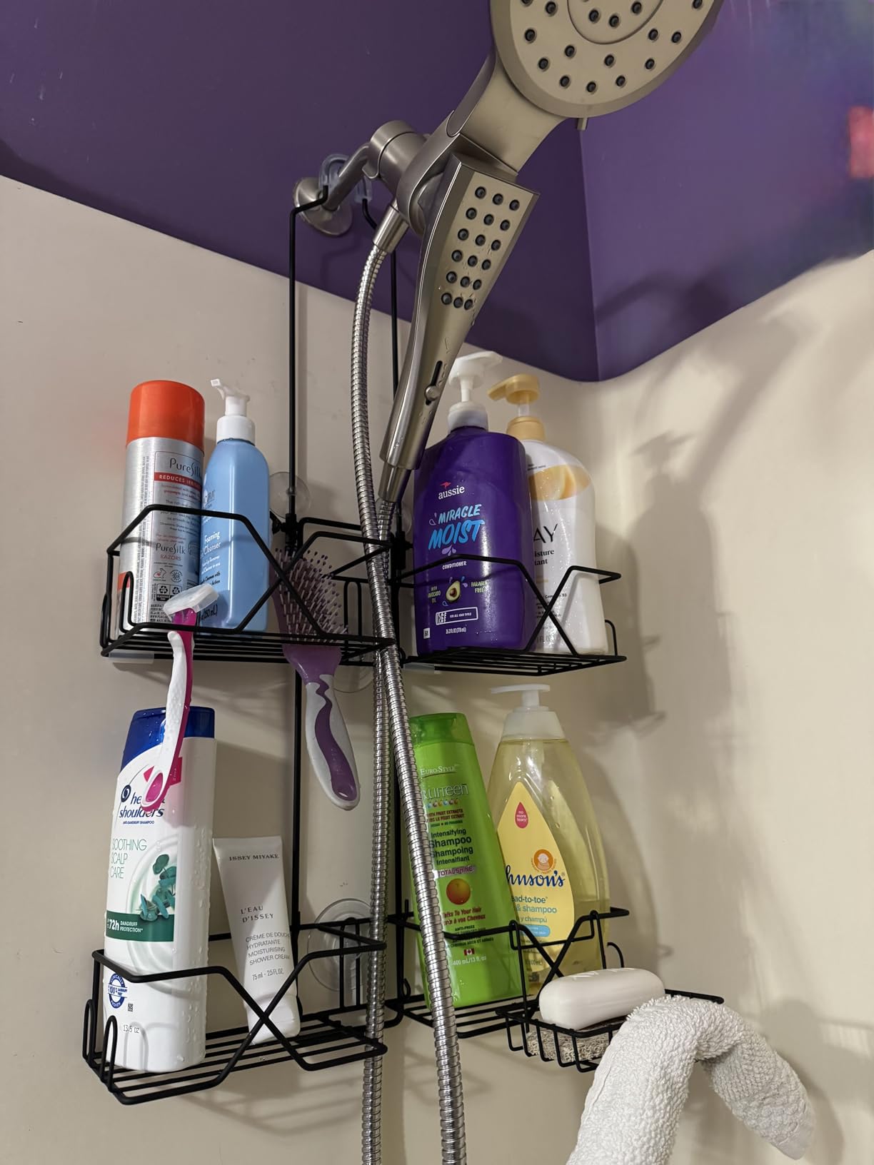 Stainless Steel Shower Caddy for Handheld Shower Heads,Rustproof Hose Shower Organizer Adjustable Length Shower Rack with 24 Hooks,Razor Holder,Soap Holder - Customer Photo 2