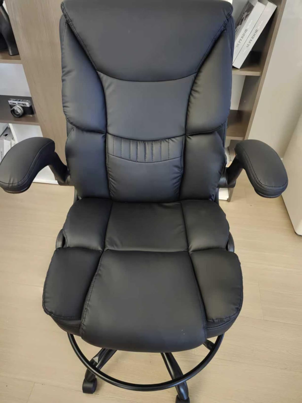 500LBS Drafting Chair, High Back Safer Standing Desk Chair, Executive Tall Office Chair with Flip-up Armrests, Upholstered PU Leather Task Chair, Ergonomic Seat with Adjustable Height&Foot Ring, Black - Customer Photo 2