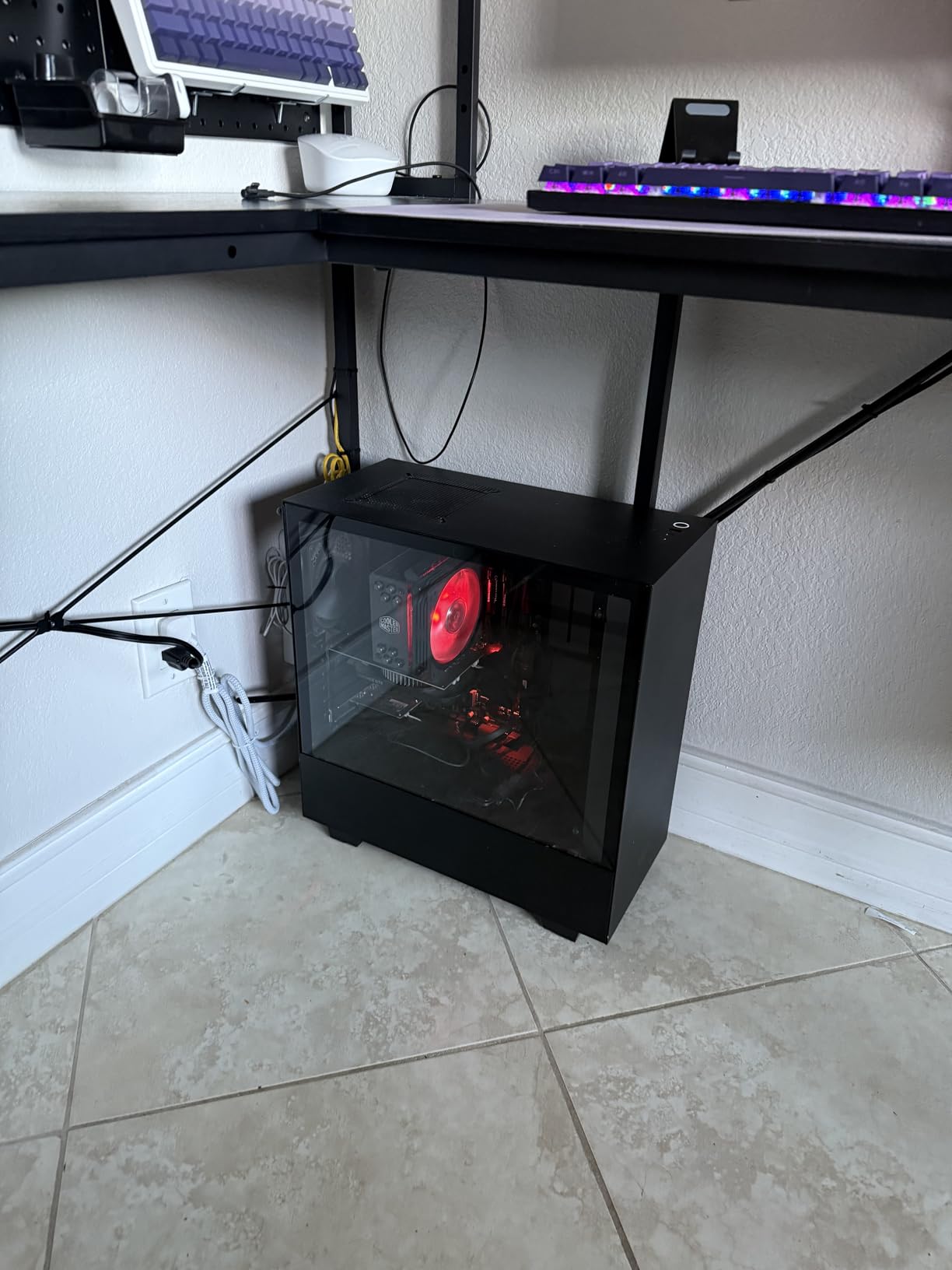 AODK L Shaped Desk Gaming Desk with LED Light & Power Outlet | 53 Inch Black Reversible L Shaped Computer Table with Shelf & Storage Bag & Hook for Home Office customer photo 1