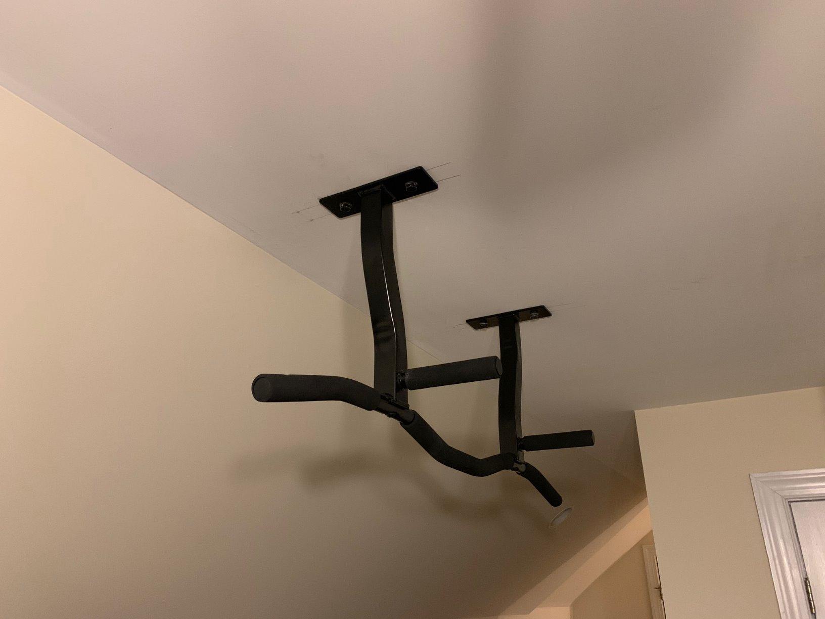 Ceiling Mount Pull Up Bar with Reversible Risers for 16 and 24 Inch Joists with Optimum Grip Spacing by Ultimate Body Press Customer Review Ceiling Mount Pull Up Bar with Reversible Risers for 16 and 24 Inch Joists with Optimum Grip Spacing by Ultimate Body Press - Customer Photo 1
