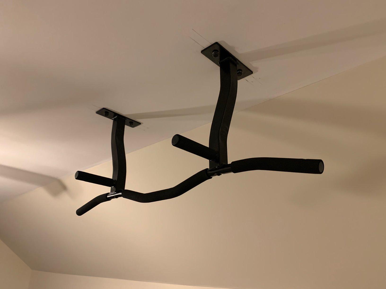 Ceiling Mount Pull Up Bar with Reversible Risers for 16 and 24 Inch Joists with Optimum Grip Spacing by Ultimate Body Press Customer Review Ceiling Mount Pull Up Bar with Reversible Risers for 16 and 24 Inch Joists with Optimum Grip Spacing by Ultimate Body Press - Customer Photo 2