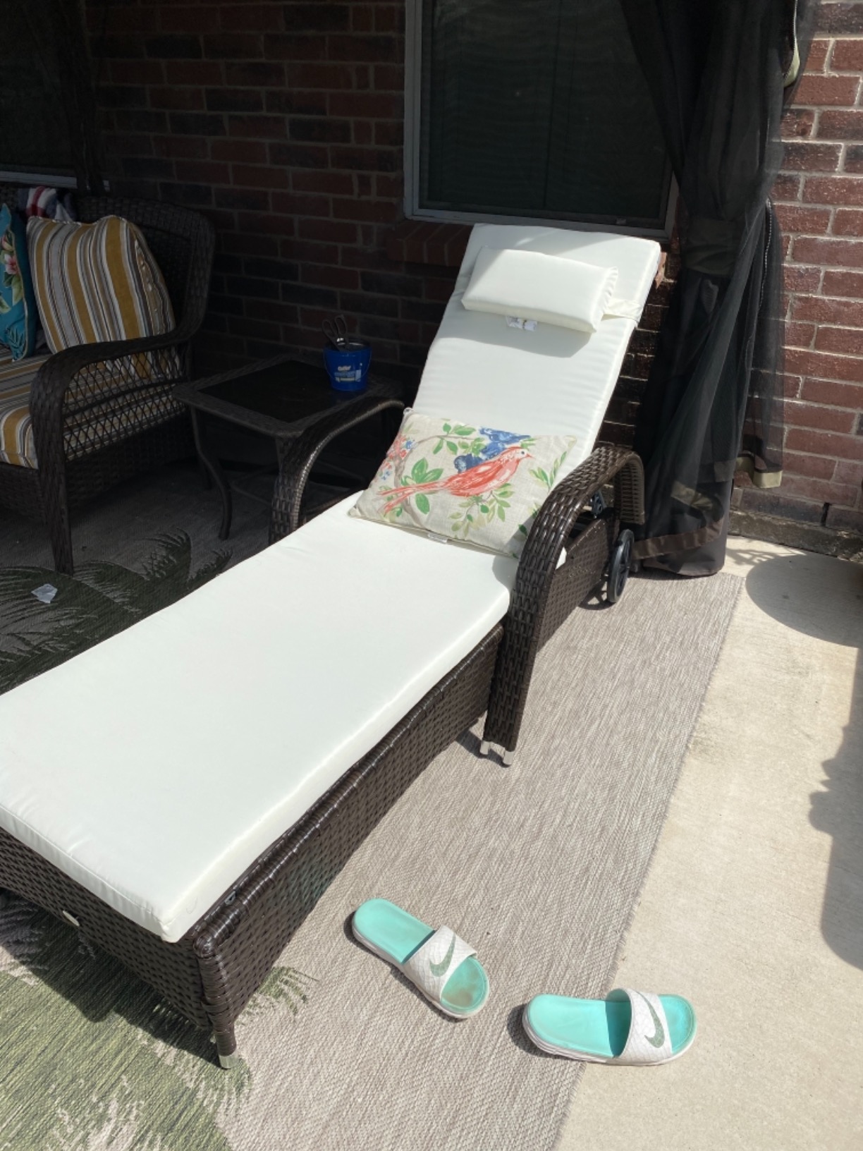 Outsunny Wicker Outdoor Chaise Lounge, 5-Level Adjustable Backrest PE Rattan Pool Lounge Chair with Wheels, Cushion & Headrest, Deep Coffee and Cream White Customer Review Outsunny Wicker Outdoor Chaise Lounge, 5-Level Adjustable Backrest PE Rattan Pool Lounge Chair with Wheels, Cushion & Headrest, Deep Coffee and Cream White - Customer Photo 2