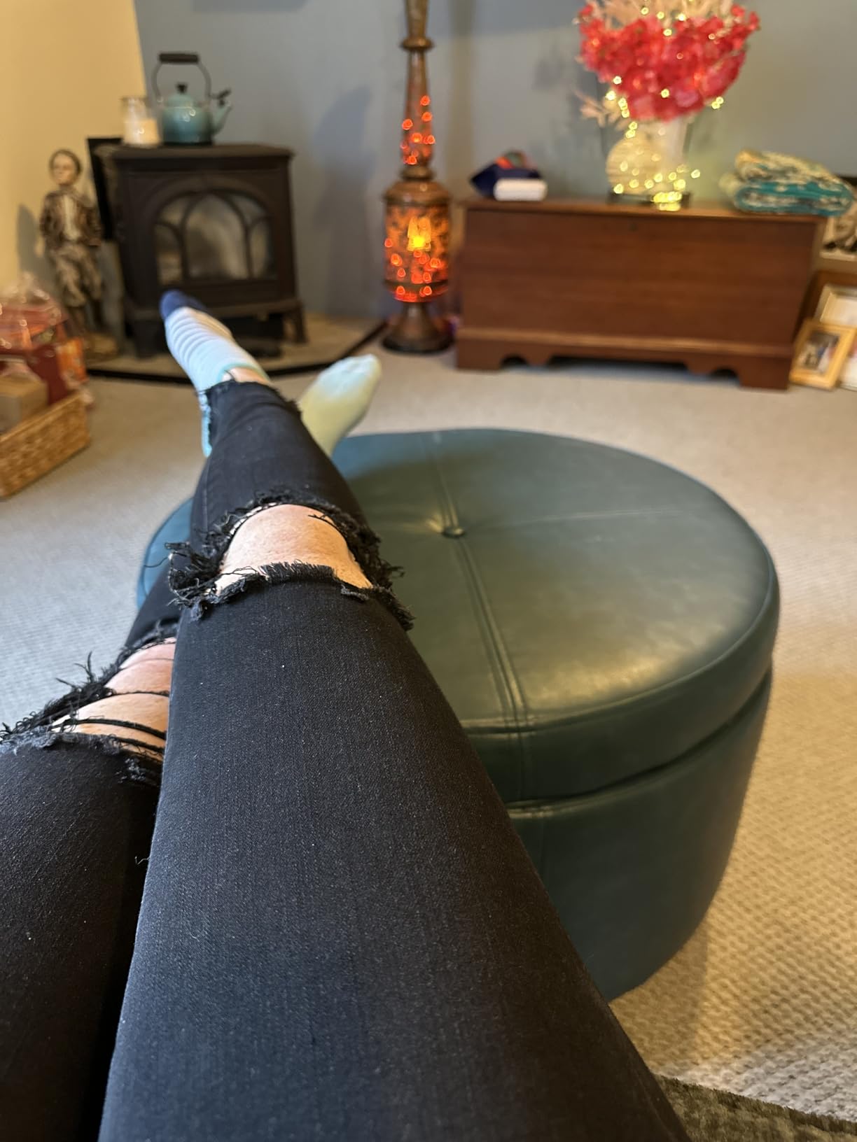 Homepop Home Decor | Upholstered Faux Leather Round Storage Ottoman | Ottoman with Storage for Living Room & Bedroom, Taupe Brown Customer Review Homepop Home Decor | Upholstered Faux Leather Round Storage Ottoman | Ottoman with Storage for Living Room & Bedroom, Taupe Brown - Customer Photo 1