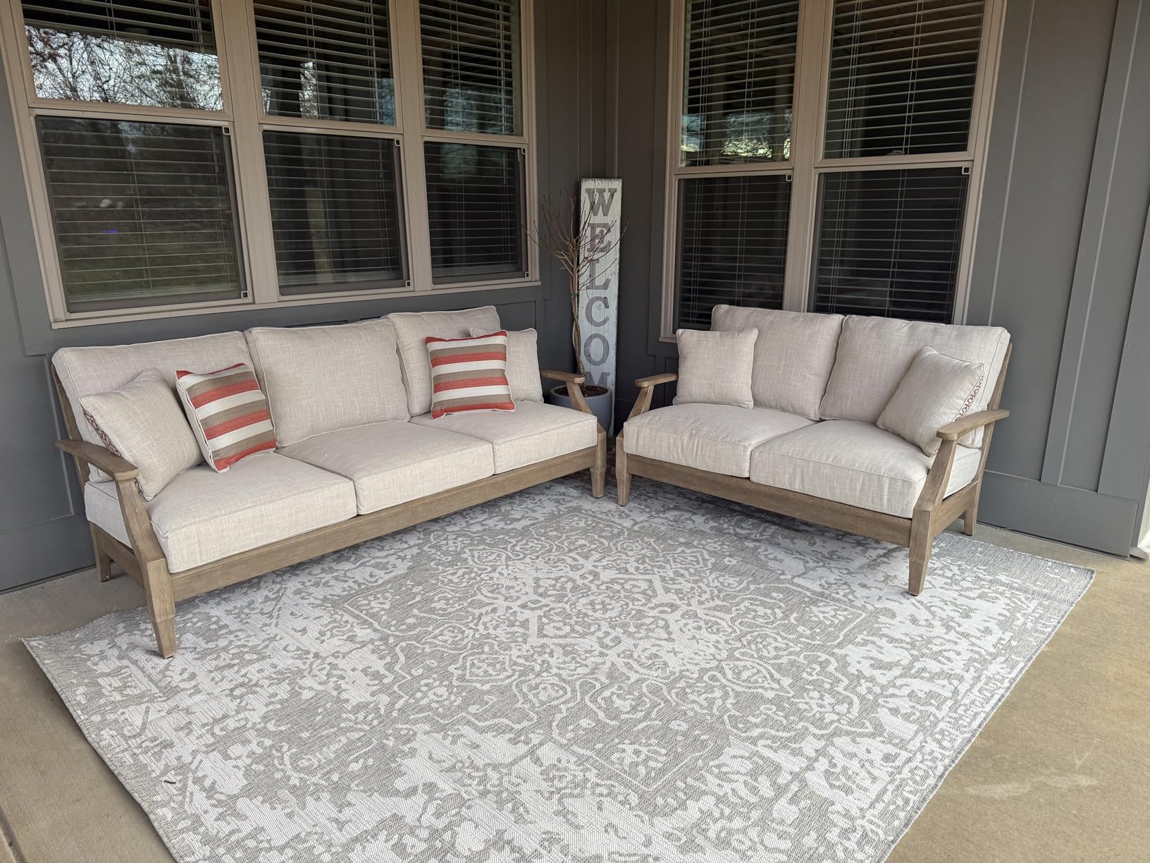 Signature Design by Ashley Clare View Outdoor Patio Sofa, 4 Throw Pillows, Nuvella Weather Resistant Fabric, Eucalyptus Wood, 81 Signature Design by Ashley Clare View Outdoor Patio Sofa, 4 Throw Pillows, Nuvella Weather Resistant Fabric, Eucalyptus Wood, 81