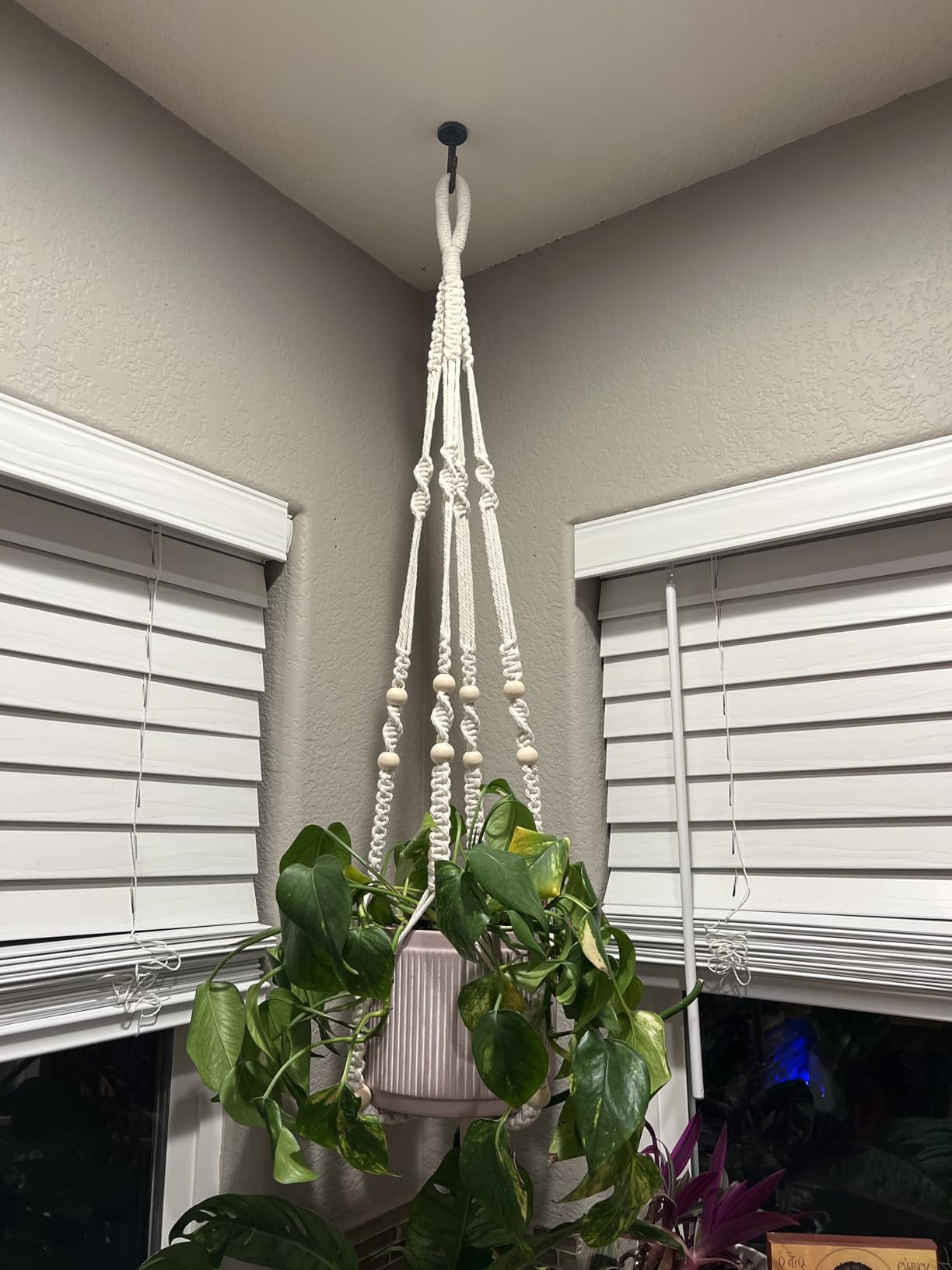 Mkono Macrame Plant Hanger Indoor 35 Inch Hanging Planter Basket Ivory 1Pc | Hanging Plant Holder with Decorative Wood Beads, No Tassels, Boho Home Decor, Indoor & Outdoor Use, Flower Pots Not Included customer photo 1