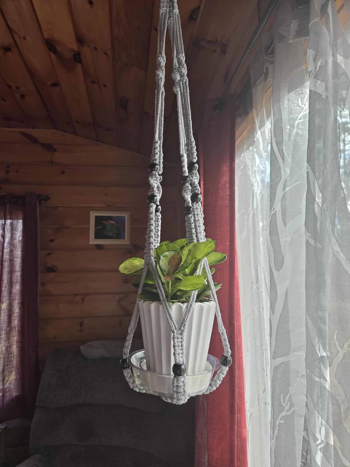 Mkono Macrame Plant Hanger Indoor 35 Inch Hanging Planter Basket Ivory 1Pc | Hanging Plant Holder with Decorative Wood Beads, No Tassels, Boho Home Decor, Indoor & Outdoor Use, Flower Pots Not Included customer photo 2