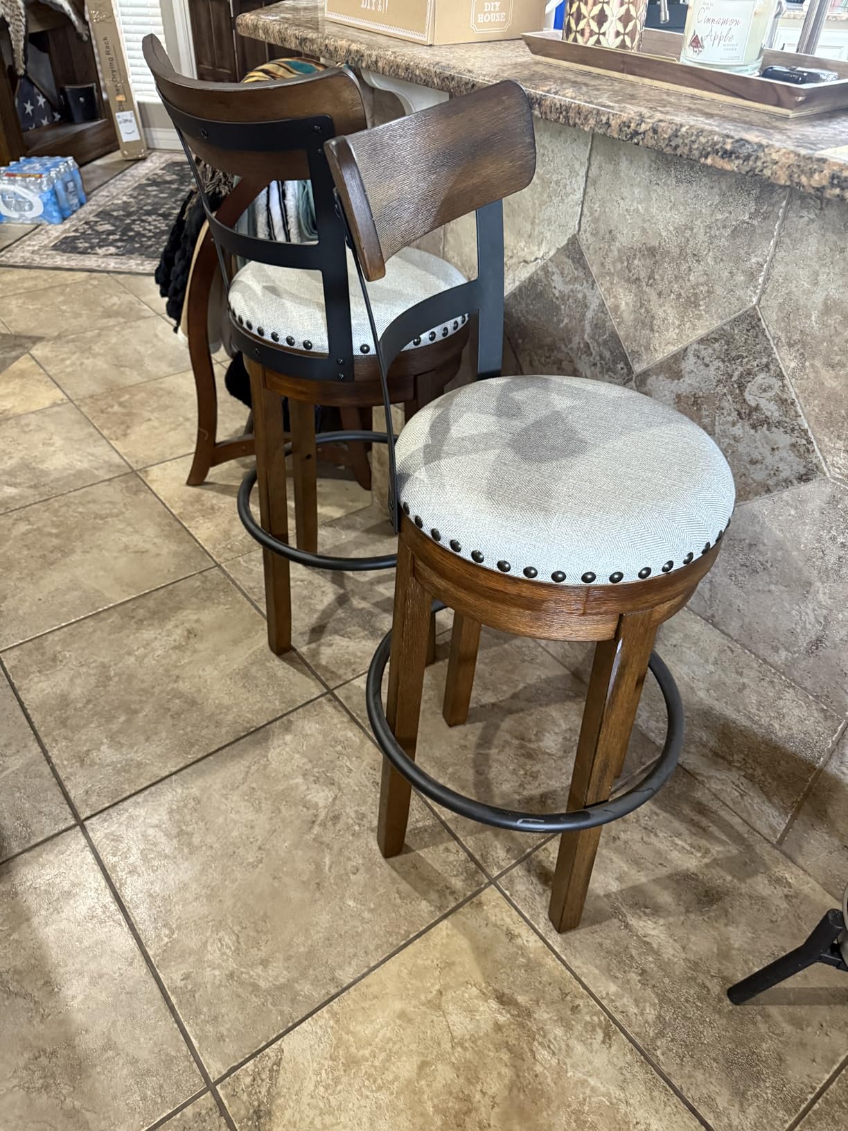 Signature Design by Ashley Valebeck Counter Height Bar Stool, Brown | Rustic-industrial wood and metal stool, Cushioned comfort, 360-degree swivel customer photo 2