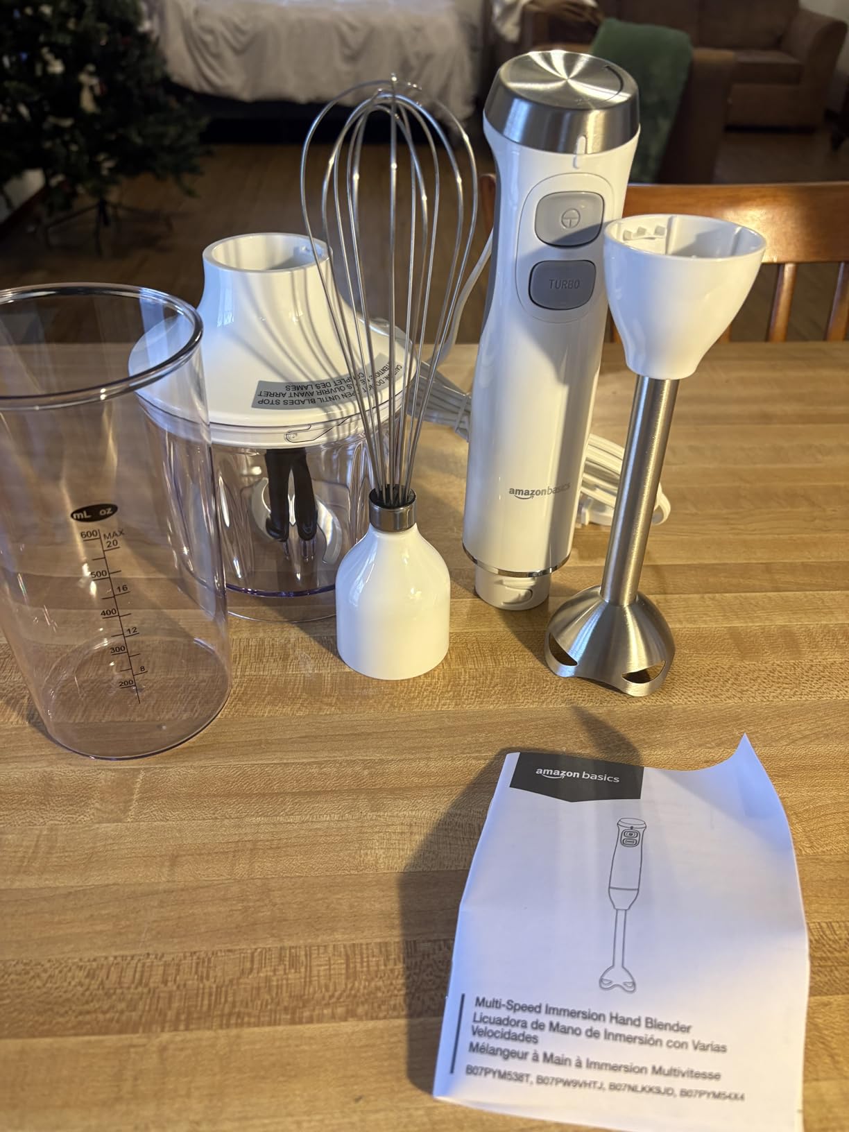 Amazon Basics 300W 4-In-1 Immersion Blender Handheld, Emulsion Blender With Blending Stick, Whisk, Chopper and Beaker, Continuous Speed Control And Turbo Mode, 5-ft Power Cord, White Customer Review Amazon Basics 300W 4-In-1 Immersion Blender Handheld, Emulsion Blender With Blending Stick, Whisk, Chopper and Beaker, Continuous Speed Control And Turbo Mode, 5-ft Power Cord, White - Customer Photo 1