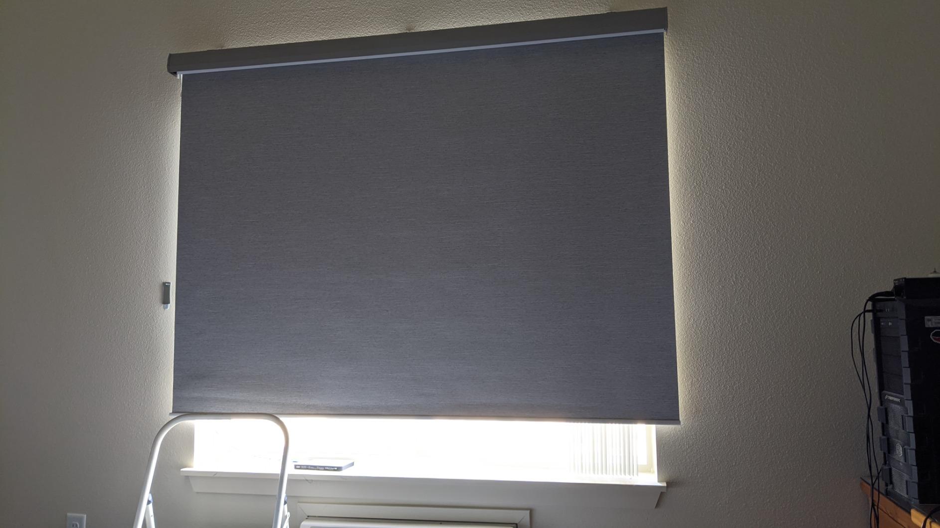 Graywind Motorized Roller Shade Blinds 100% Blackout Shades Cordless Waterproof Remote Control Window Automated Blinds with Valance Custom Size for Smart Home and Office, White Customer Review Graywind Motorized Roller Shade Blinds 100% Blackout Shades Cordless Waterproof Remote Control Window Automated Blinds with Valance Custom Size for Smart Home and Office, White - Customer Photo 1