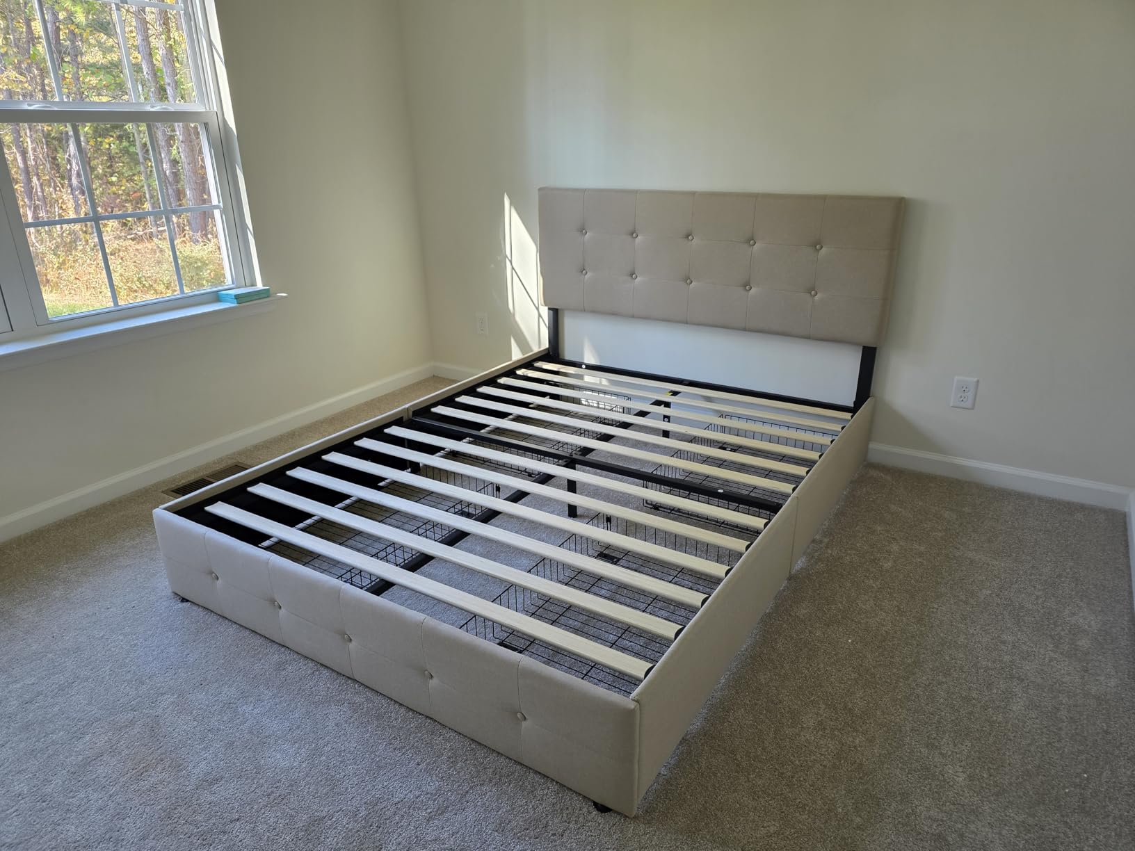 Allewie Upholstered Queen Size Platform Bed Frame with 4 Storage Drawers and Headboard, Square Stitched Button Tufted, Mattress Foundation with Wooden Slats Support, No Box Spring Needed, Dark Grey - Customer Photo 2
