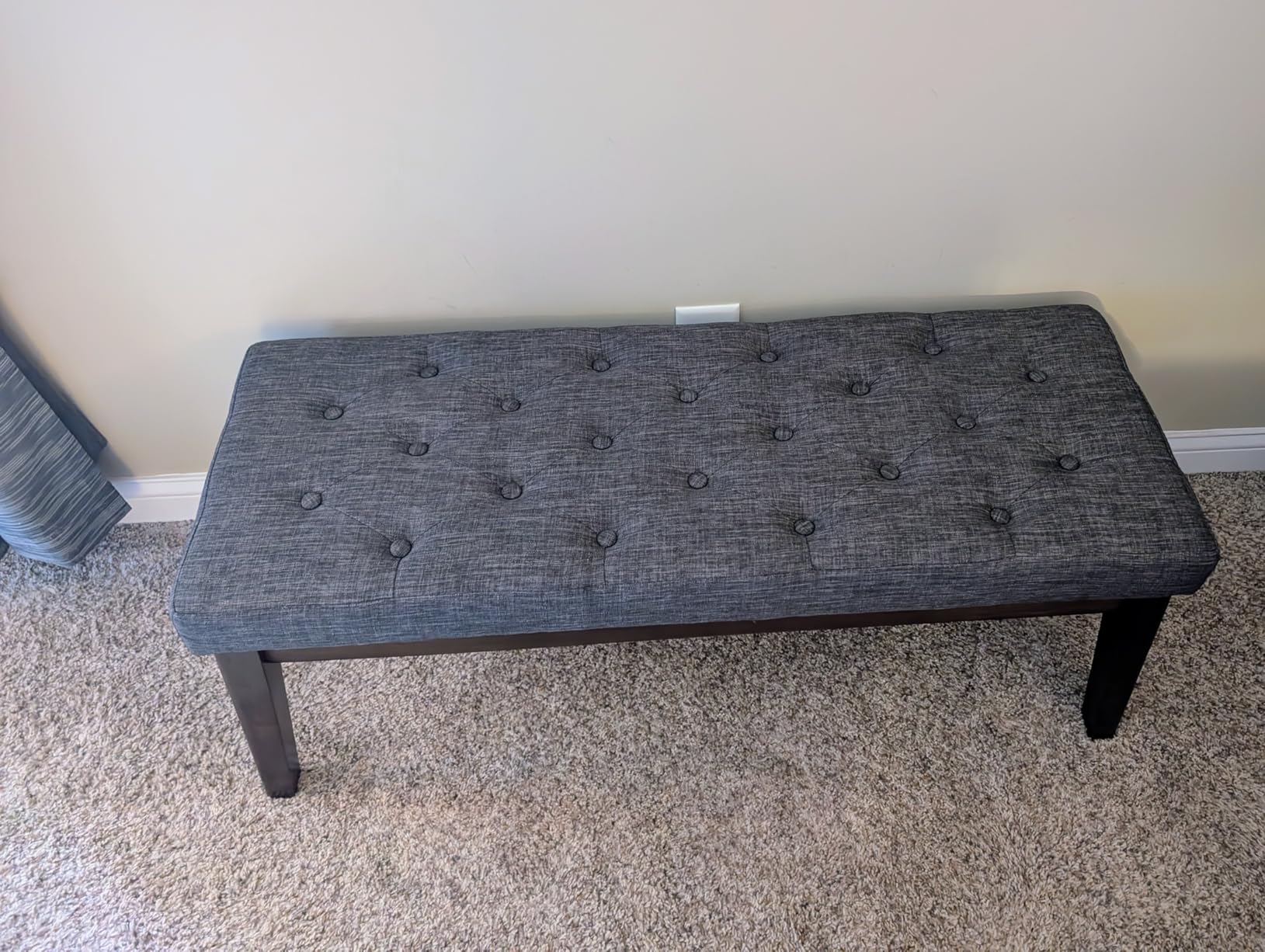 24KF Linen Upholstered Buttons Tufted Entryway Bench with Solid Wood Leg,Bed Bench Ottoman with Padded Seat,5034-Dark Gray Customer Review 24KF Linen Upholstered Buttons Tufted Entryway Bench with Solid Wood Leg,Bed Bench Ottoman with Padded Seat,5034-Dark Gray - Customer Photo 2