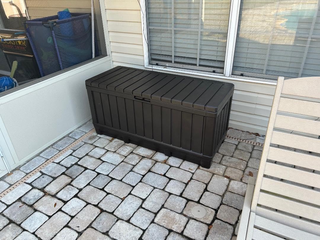 Keter Kentwood 92 Gal Outdoor Storage Box for Patio and Pool Accessories | Brown, Resin, Large, Weatherproof, Lockable customer photo 1