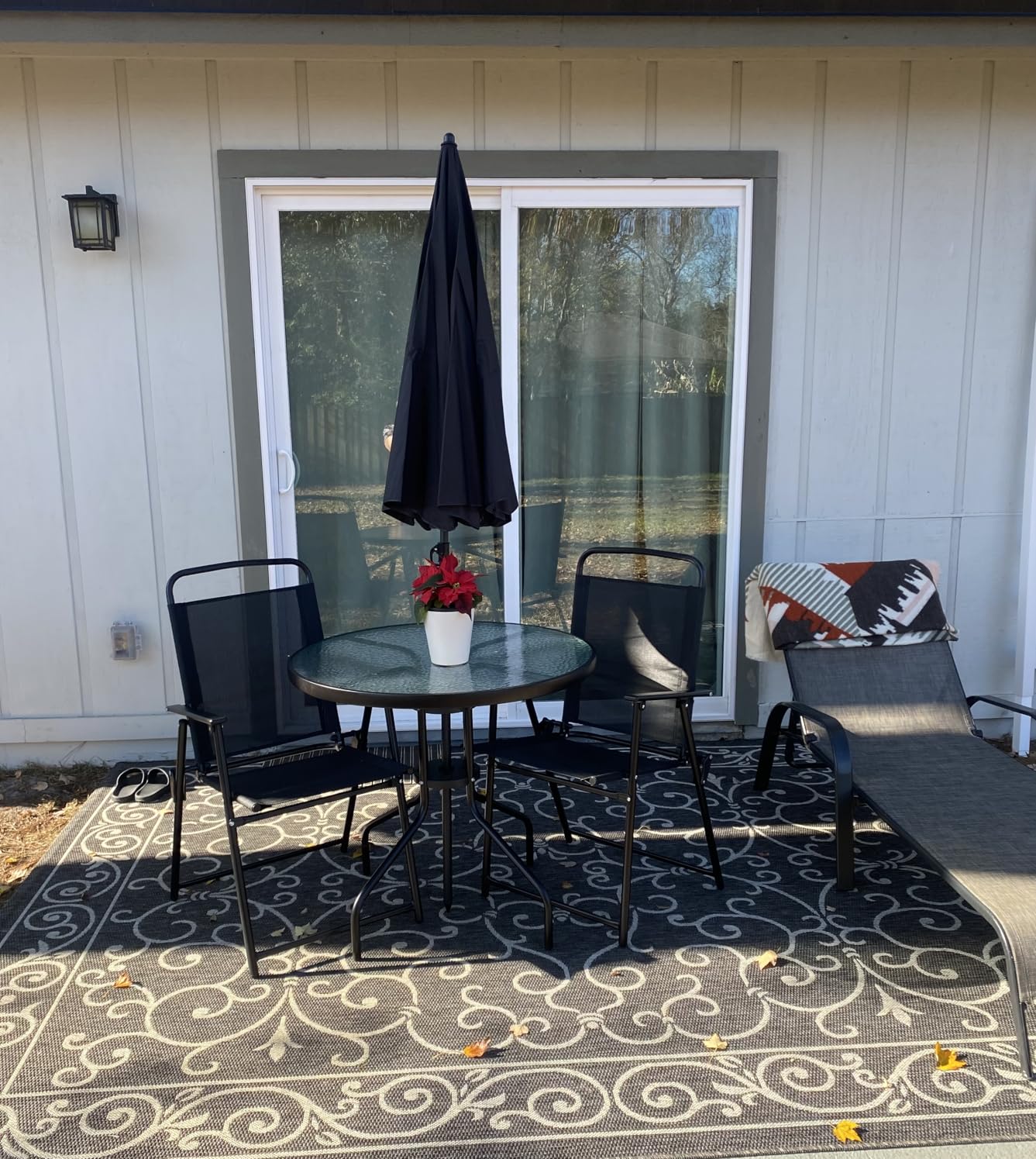 Vongrasig 6 Piece Folding Patio Dining Set, Small Metal Outdoor Garden Patio Table and Chair Set w/Umbrella for Lawn, Deck, Backyard, Black Customer Review Vongrasig 6 Piece Folding Patio Dining Set, Small Metal Outdoor Garden Patio Table and Chair Set w/Umbrella for Lawn, Deck, Backyard, Black - Customer Photo 1