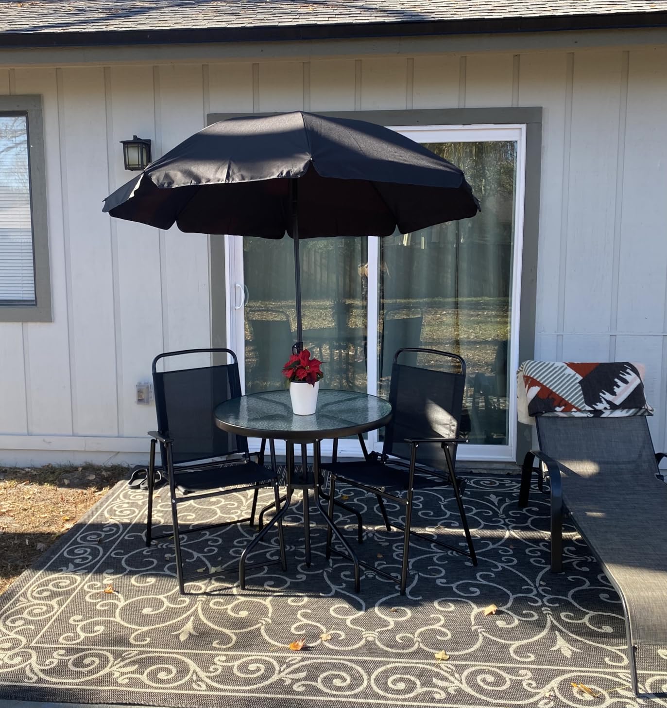 Vongrasig 6 Piece Folding Patio Dining Set, Small Metal Outdoor Garden Patio Table and Chair Set w/Umbrella for Lawn, Deck, Backyard, Black Customer Review Vongrasig 6 Piece Folding Patio Dining Set, Small Metal Outdoor Garden Patio Table and Chair Set w/Umbrella for Lawn, Deck, Backyard, Black - Customer Photo 2