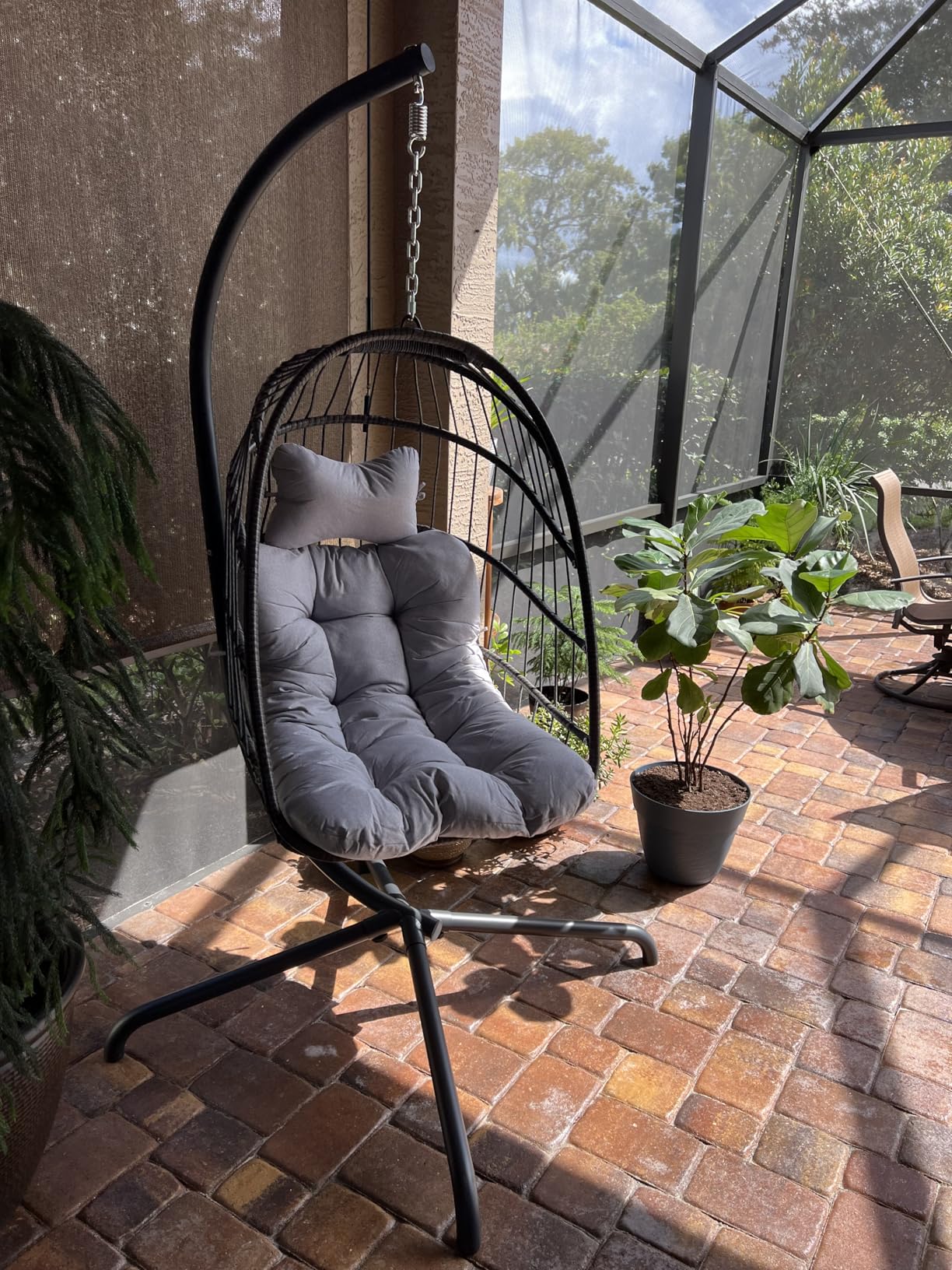 NICESOUL Hanging Egg Chair with Stand Indoor Outdoor, Comfy Patio Rattan Swing Hammock Chairs with Cushion, 350lbs Capacity Egg Shaped Chair for Lawn Backyard Balcony Bedroom, Birthday Gift, Beige customer photo 2