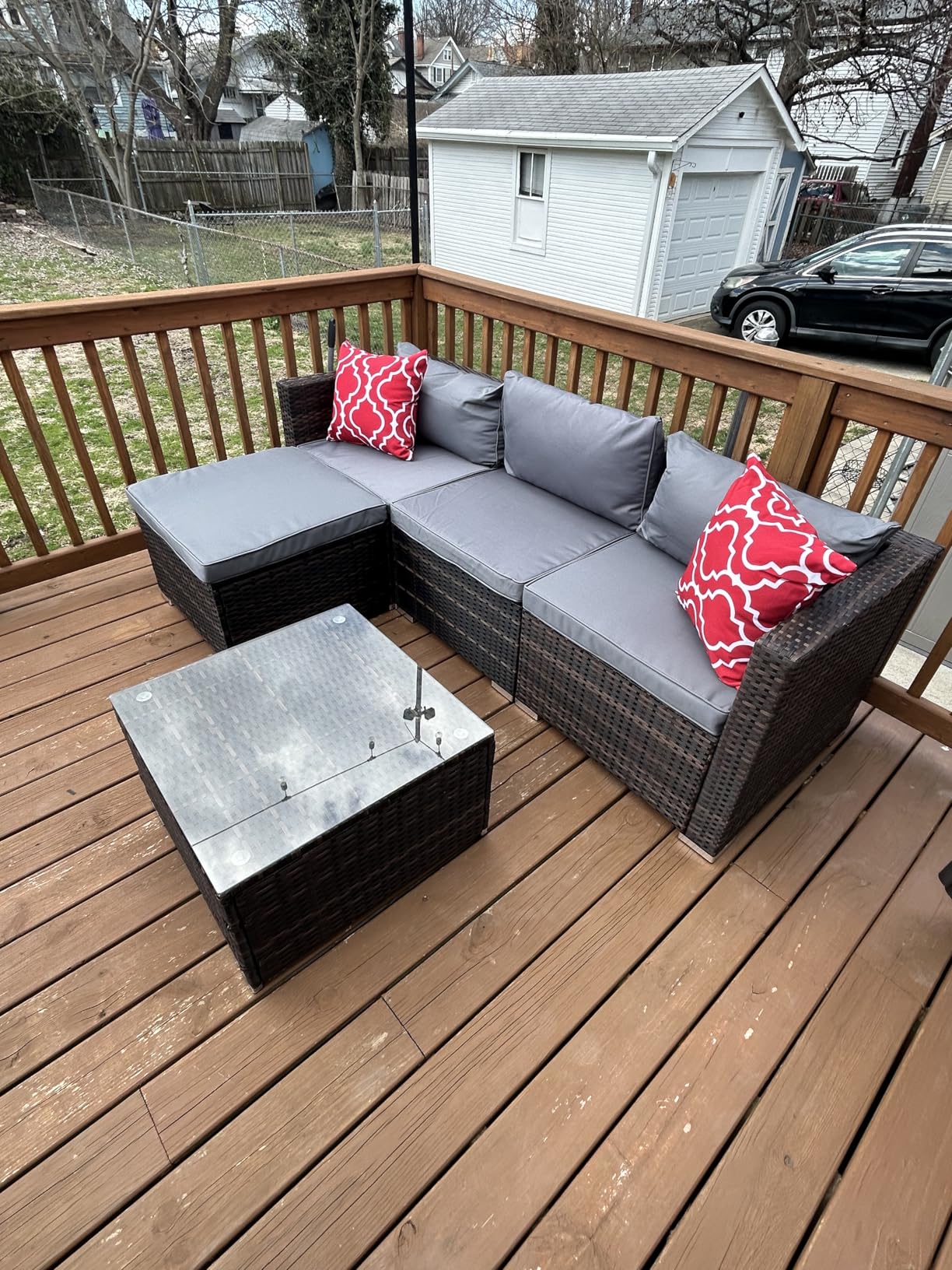 Aiho 5 Pieces Patio Furniture Set All-Weather Outdoor Wicker Sectional Patio Furniture with Cushion and Glass Table (Grey) Customer Review Aiho 5 Pieces Patio Furniture Set All-Weather Outdoor Wicker Sectional Patio Furniture with Cushion and Glass Table (Grey) - Customer Photo 5