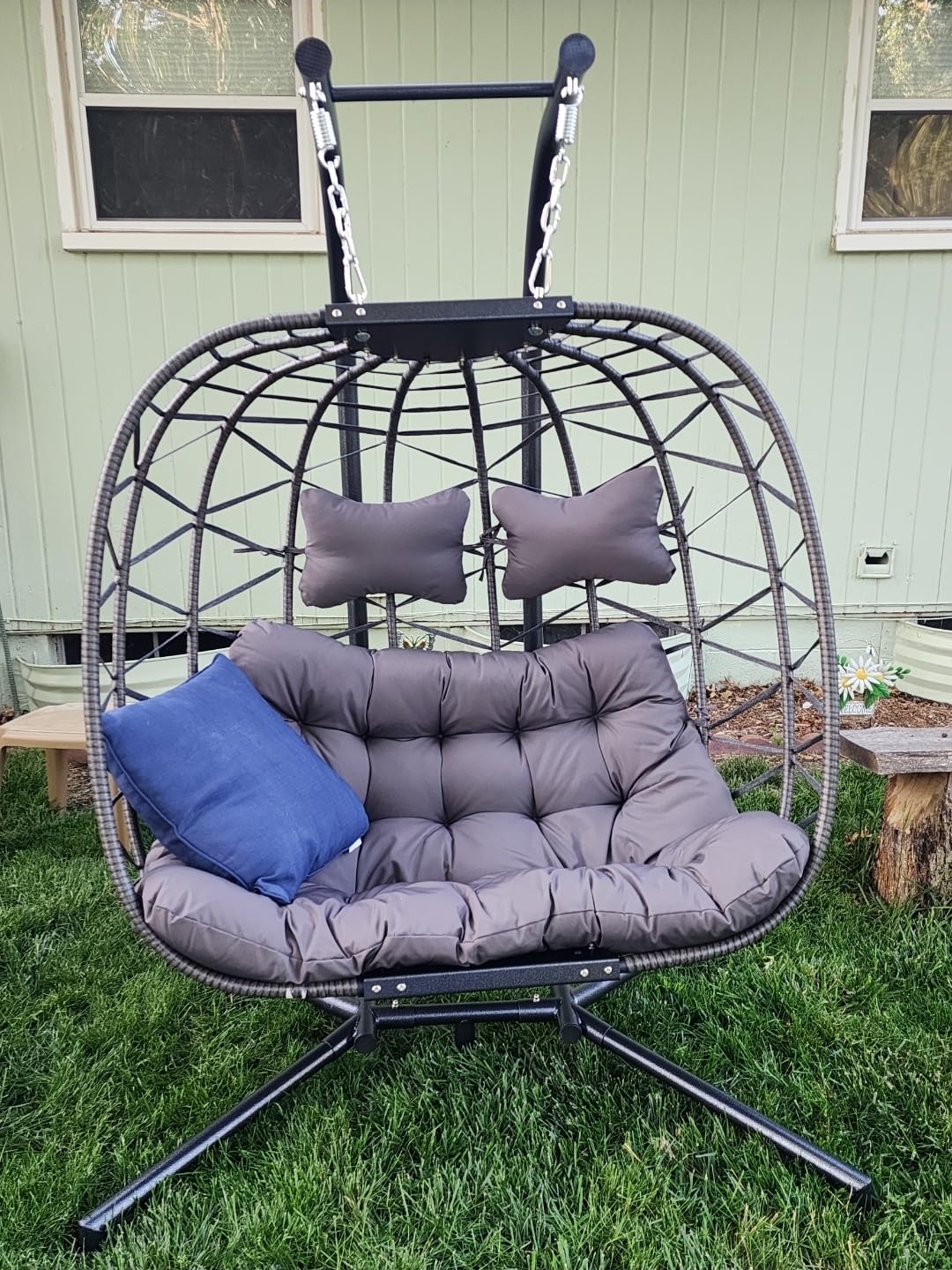 RADIATA Egg Chair Outdoor with Stand, PE Wicker Hanging Swing Egg Chair | 350 lbs Heavy Duty, Beige, Foldable, PE Rattan Swing Hammock Chair, Hanging Egg Chair with Thick Cushion for Patio Garden customer photo 2