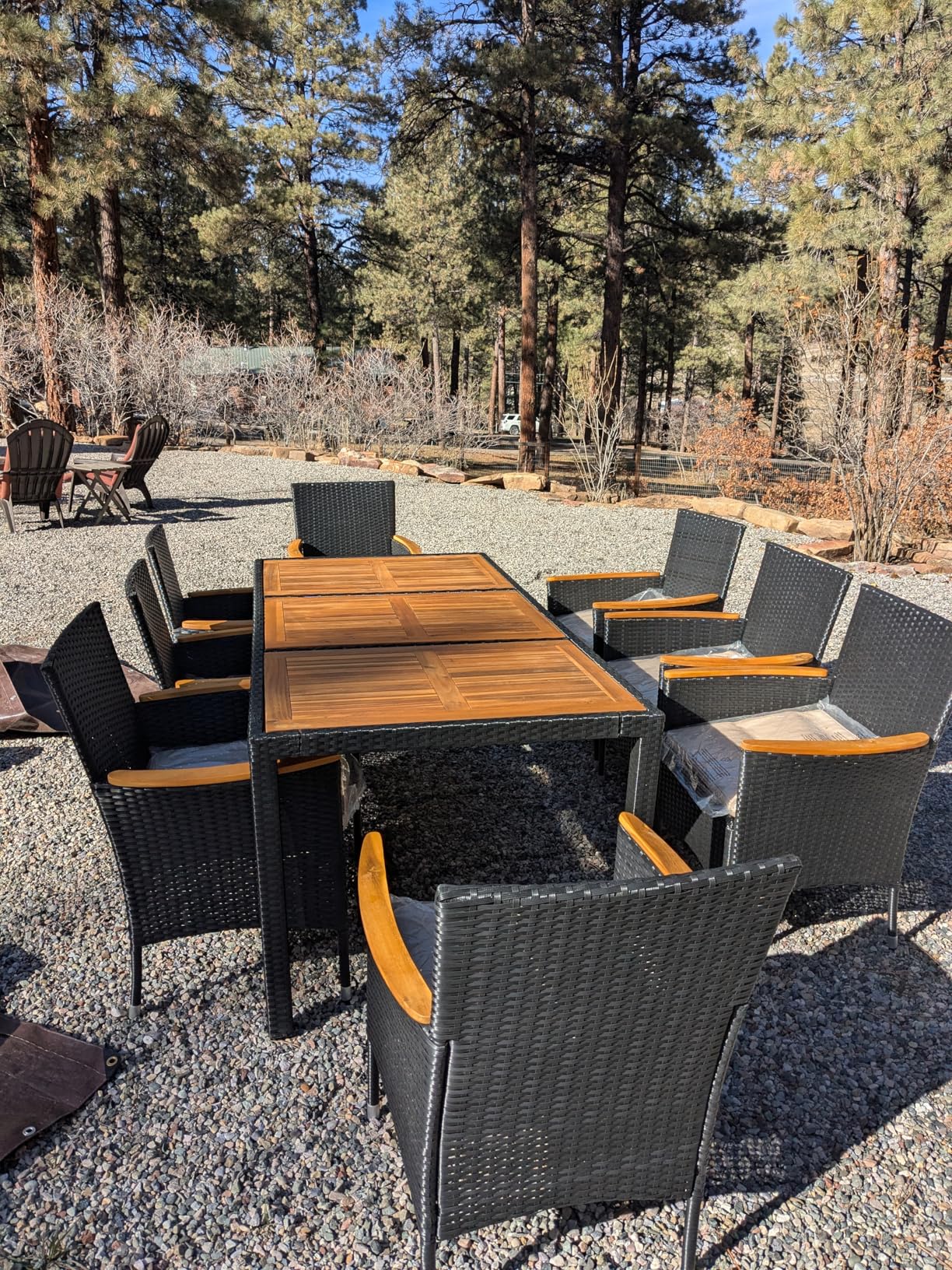 Devoko Dining 7 PCS Furniture, Patio Conversation Set with Acacia Wood Table Top, Outdoor, Beige Cushion and Black Rattan Customer Review Devoko Dining 7 PCS Furniture, Patio Conversation Set with Acacia Wood Table Top, Outdoor, Beige Cushion and Black Rattan - Customer Photo 1