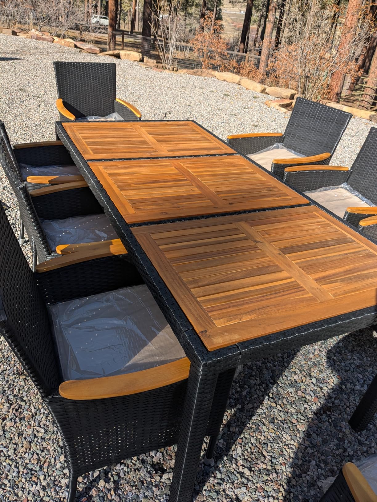 Devoko Dining 7 PCS Furniture, Patio Conversation Set with Acacia Wood Table Top, Outdoor, Beige Cushion and Black Rattan Customer Review Devoko Dining 7 PCS Furniture, Patio Conversation Set with Acacia Wood Table Top, Outdoor, Beige Cushion and Black Rattan - Customer Photo 2