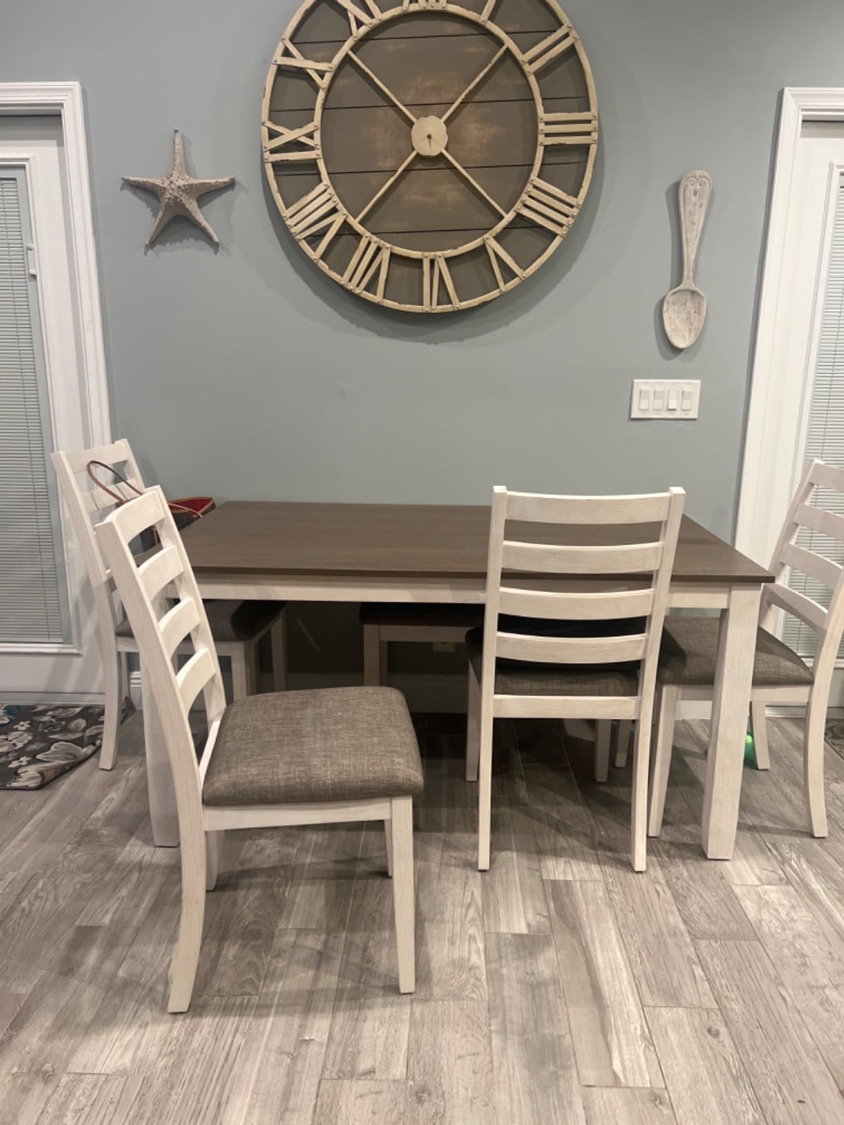 Merax 6 Piece Kitchen Dining Table Set, Wooden Rectangular Dining Table with Upholstered Bench and 4 Chairs, Dining Room Table Set for 6 People, Living Room Furniture (Gray, Beige Cushions) Customer Review Merax 6 Piece Kitchen Dining Table Set, Wooden Rectangular Dining Table with Upholstered Bench and 4 Chairs, Dining Room Table Set for 6 People, Living Room Furniture (Gray, Beige Cushions) - Customer Photo 3