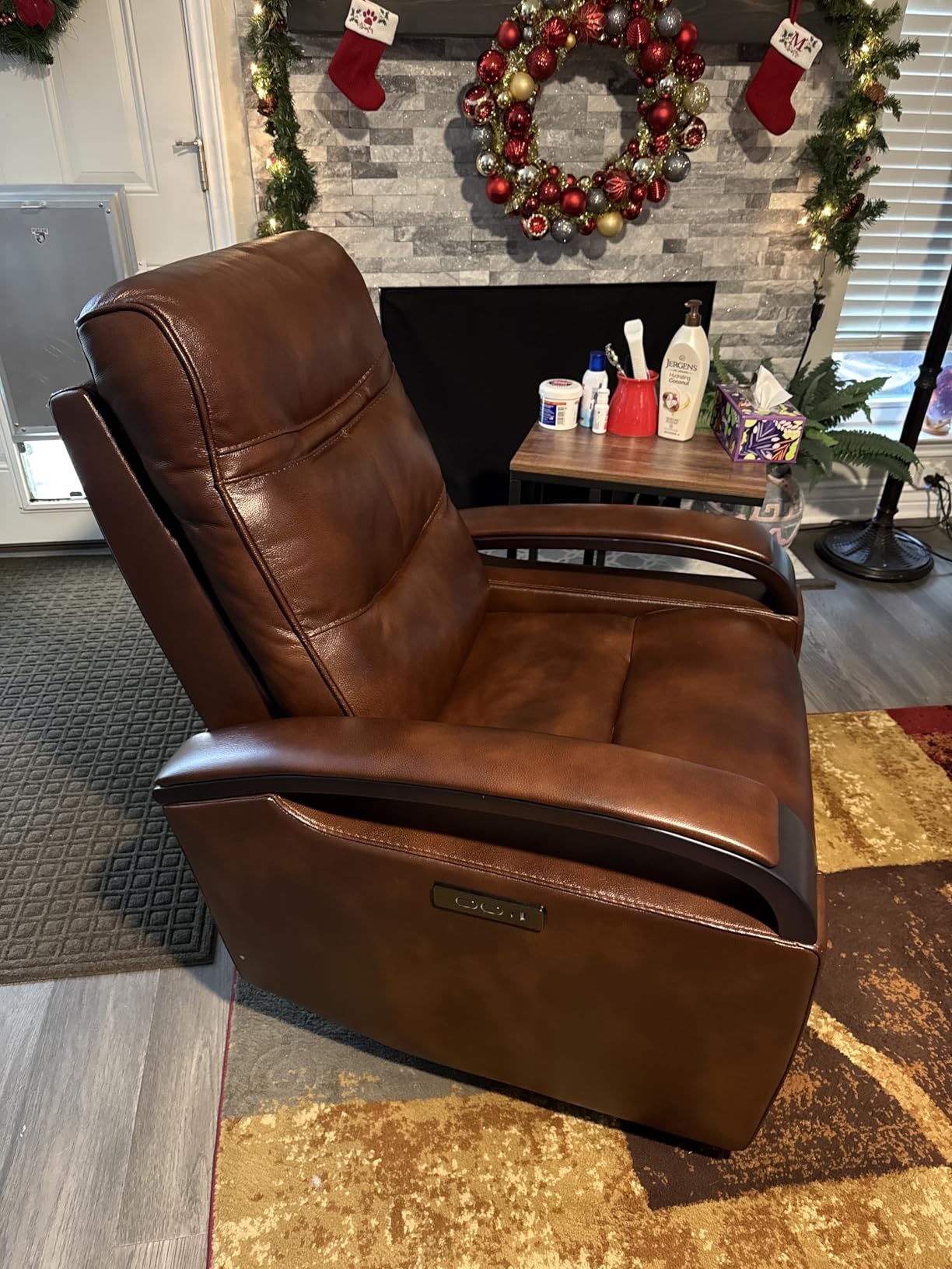 CHITA Genuine Leather Power Swivel Glider Rocker Recliner, FSC Certified Mid Century Modern Recliner Chair for Adults, Adjustable Power Headrest, for Nursery and Living Room, Cognac Brown Customer Review CHITA Genuine Leather Power Swivel Glider Rocker Recliner, FSC Certified Mid Century Modern Recliner Chair for Adults, Adjustable Power Headrest, for Nursery and Living Room, Cognac Brown - Customer Photo 1