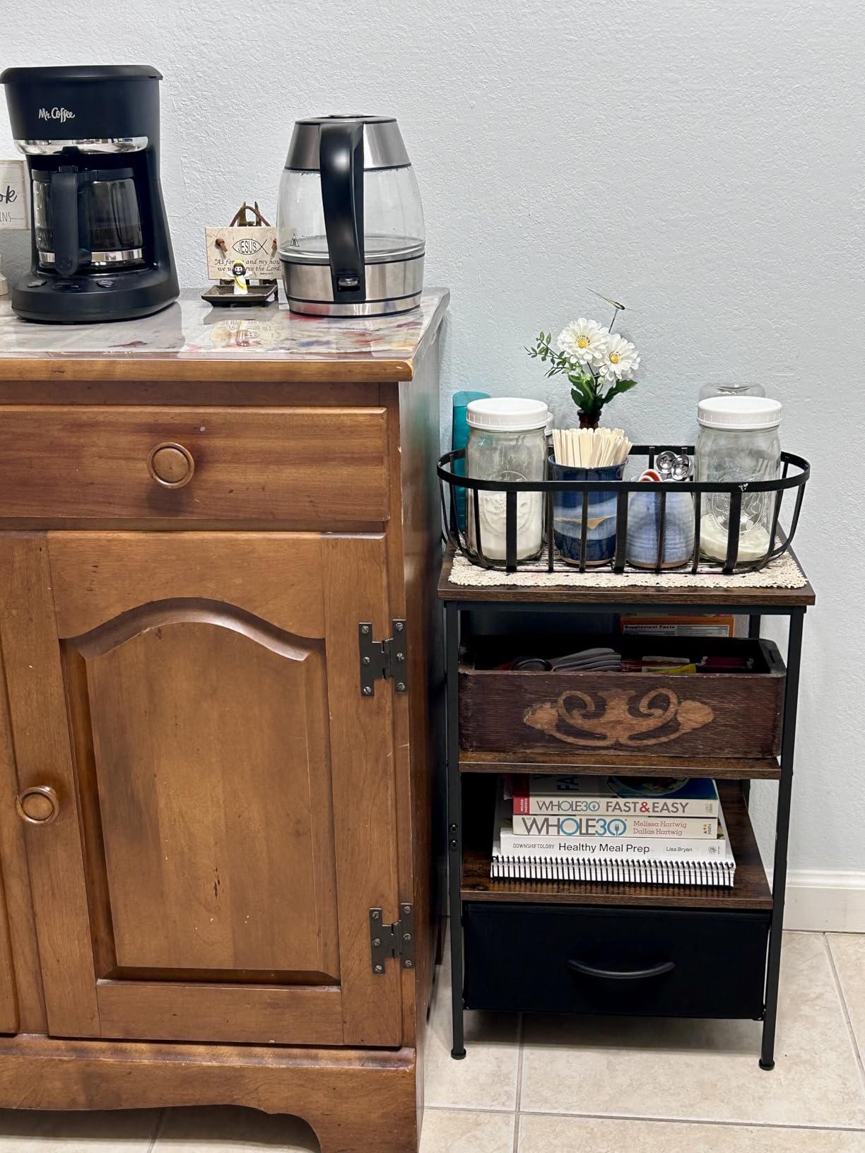 SUPERJARE Nightstand with Charging Station, Bed Side Table with Adjustable Fabric Drawer, Night Stand for Bedroom, 3-Tier Storage End Table, for Living Room, Rustic Brown and Black - Customer Photo 1