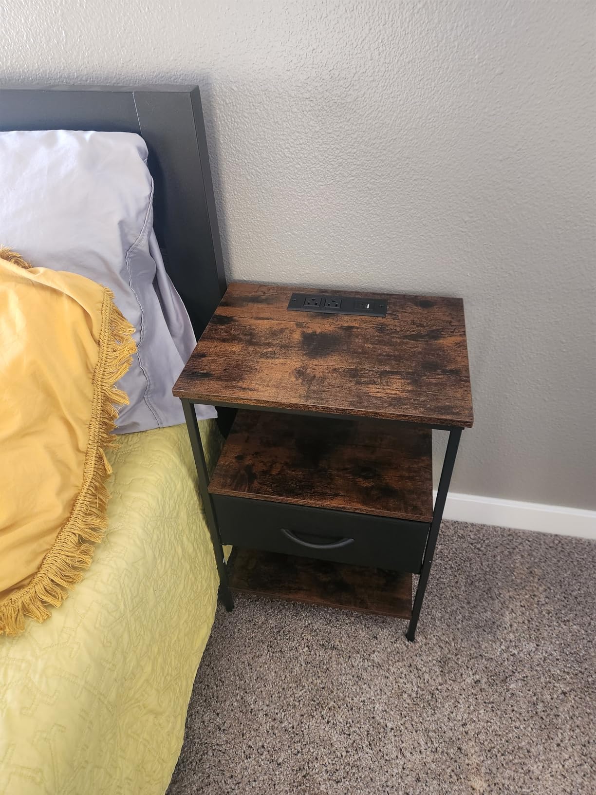 SUPERJARE Nightstand with Charging Station, Bed Side Table with Adjustable Fabric Drawer, Night Stand for Bedroom, 3-Tier Storage End Table, for Living Room, Rustic Brown and Black - Customer Photo 2