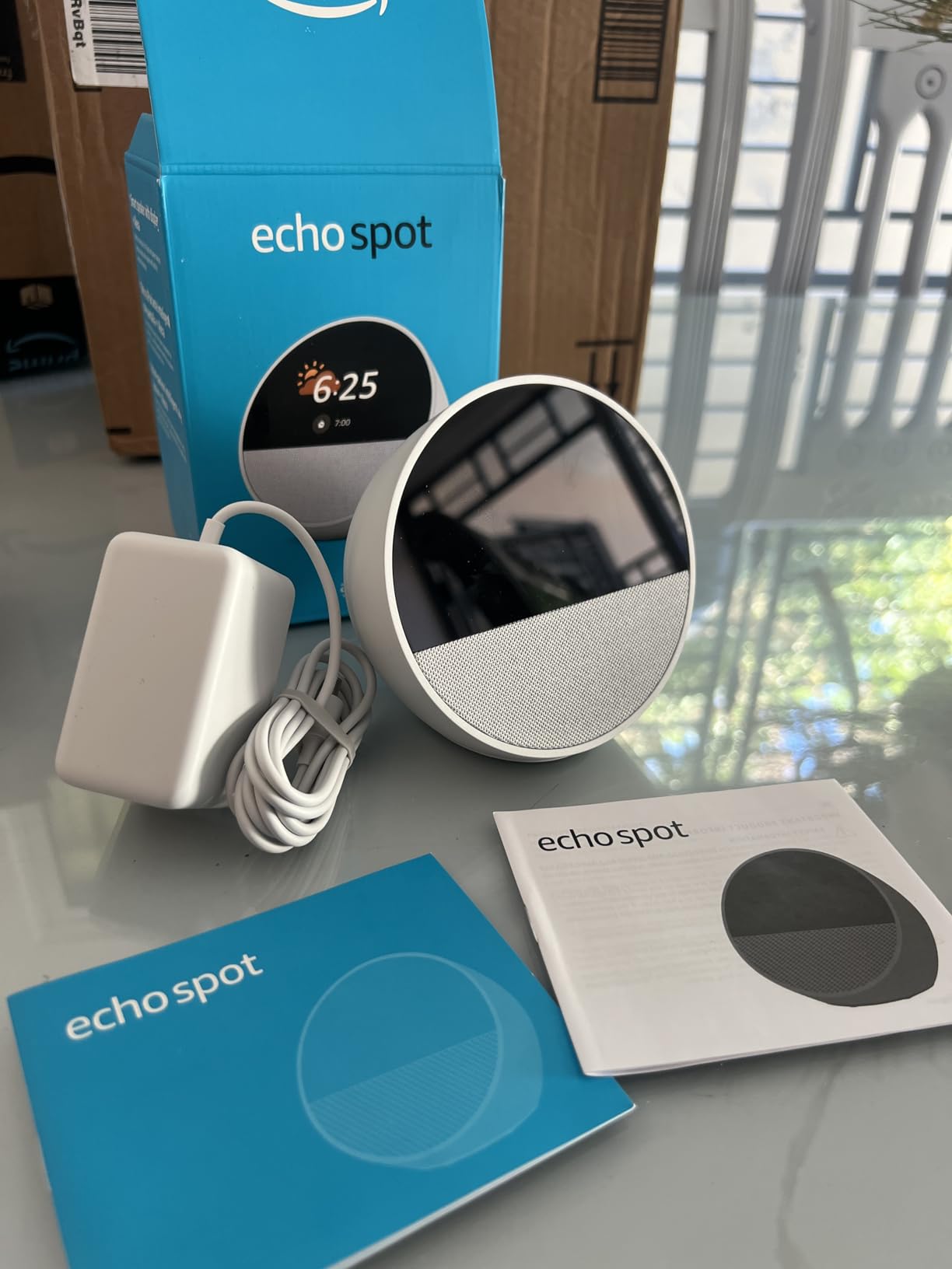 Echo Spot (newest model), Great for nightstands, offices and kitchens, Smart alarm clock with Alexa+ Early Access, Ocean Blue - Customer Photo 5