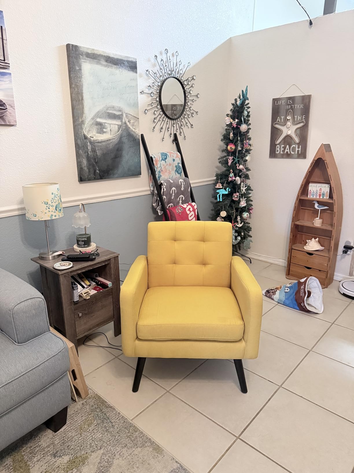 Yaheetech Mid-Century Accent Chairs, Modern Upholstered Living Room Chair, Cozy Armchair Button Tufted Back and Wood Legs for Bedroom/Office/Cafe, Yellow Customer Review Yaheetech Mid-Century Accent Chairs, Modern Upholstered Living Room Chair, Cozy Armchair Button Tufted Back and Wood Legs for Bedroom/Office/Cafe, Yellow - Customer Photo 2