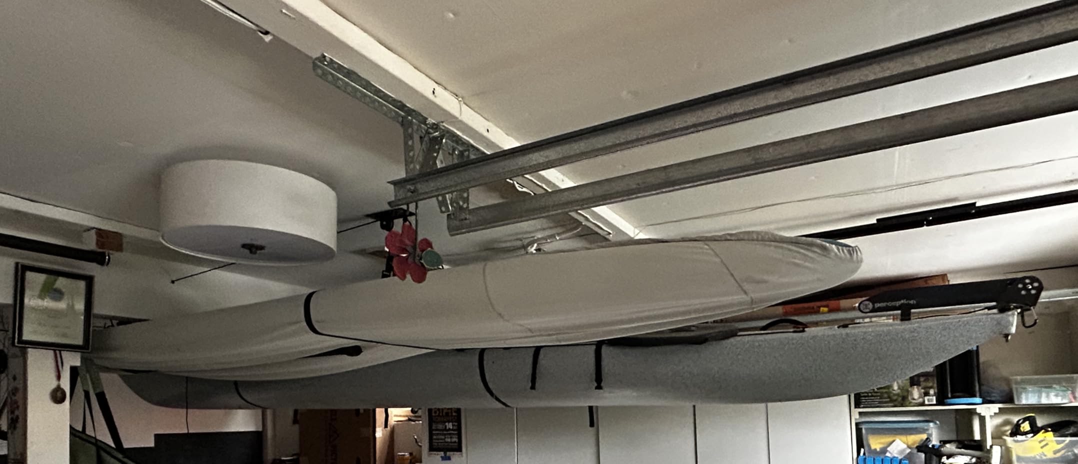 StoreYourBoard Kayak and Canoe Ceiling Hoist - Overhead Garage Storage Rack for Kayaks, Canoes, and Paddle Gear - Heavy duty Pulley System Indoor Ceiling Mount customer photo 1
